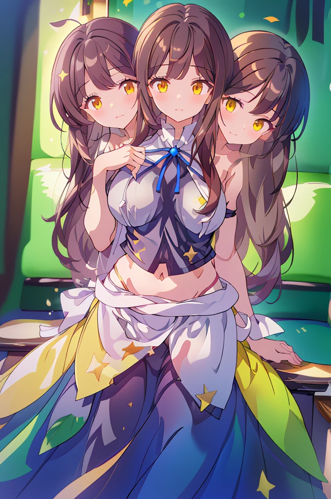 (masterpiece, best quality), best quality, (ultra-detailed), (3heads:1.5), 1girl, (star sapphire:1.3), masterpiece, best quality, ultra quality, ultra resolution, ultra detail, white top, crop top, ((stomach)), midriff, ((groin)), open midriff, white and blue skirt, miniskirt, normal ears, shackles, dark brown hair, very long hair, wavy hair, sidelocks, yellow eyes, detailed eyes, parted lips, fairy wings, sweat, cute, open belly, toned belly, hand on own chest, eyelashes, (24 year old woman:1.3), (masterpiece:1.5), (best quality:1.5), (beautiful detailed), extremely detailed CG, extremely delicate and beautiful, depth of field, (finely detailed face), (perfect details:1.2), (mature female:1.3), wide pelvis, slender, large veiny breast, 16k resolution, highres, high quality, high definition, extremely detailed, masterpiece, dark brown hair, long hair, alluring presence, braid, short skirt, miniskirt, close up, big tits, young, blue ribbon attached to the hair, butterfly-shaped wings, open belly, midriff, nsfw, bare stomach,
