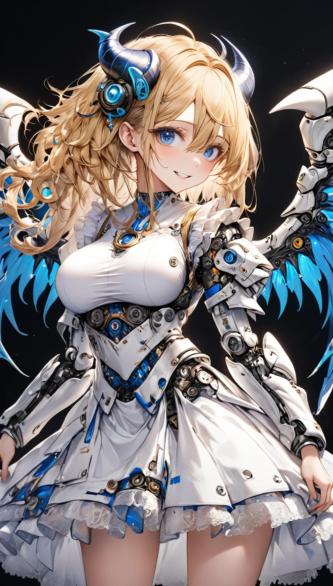 masterpiece, best quality, extremely detailed, high resolution, Japanese anime, 1girl, blonde hair, (medium length hair:1.4), side braid hair, curly hair, wavy hair, drill hair, curl outward hair, (huge breast:1.05), (mechanical horn:1.5), mechanical wing, (blue eyes:1.5), (beautiful detailed eyes:1.4), laugh, 130cm tall, original character, fantasy, (black background:1.2), (full body:1.8), beautiful fingers, standing, (white Blue lace frill armor dress:1.5), (mechanical headgear1.5) , shoot from front, looking at viewer