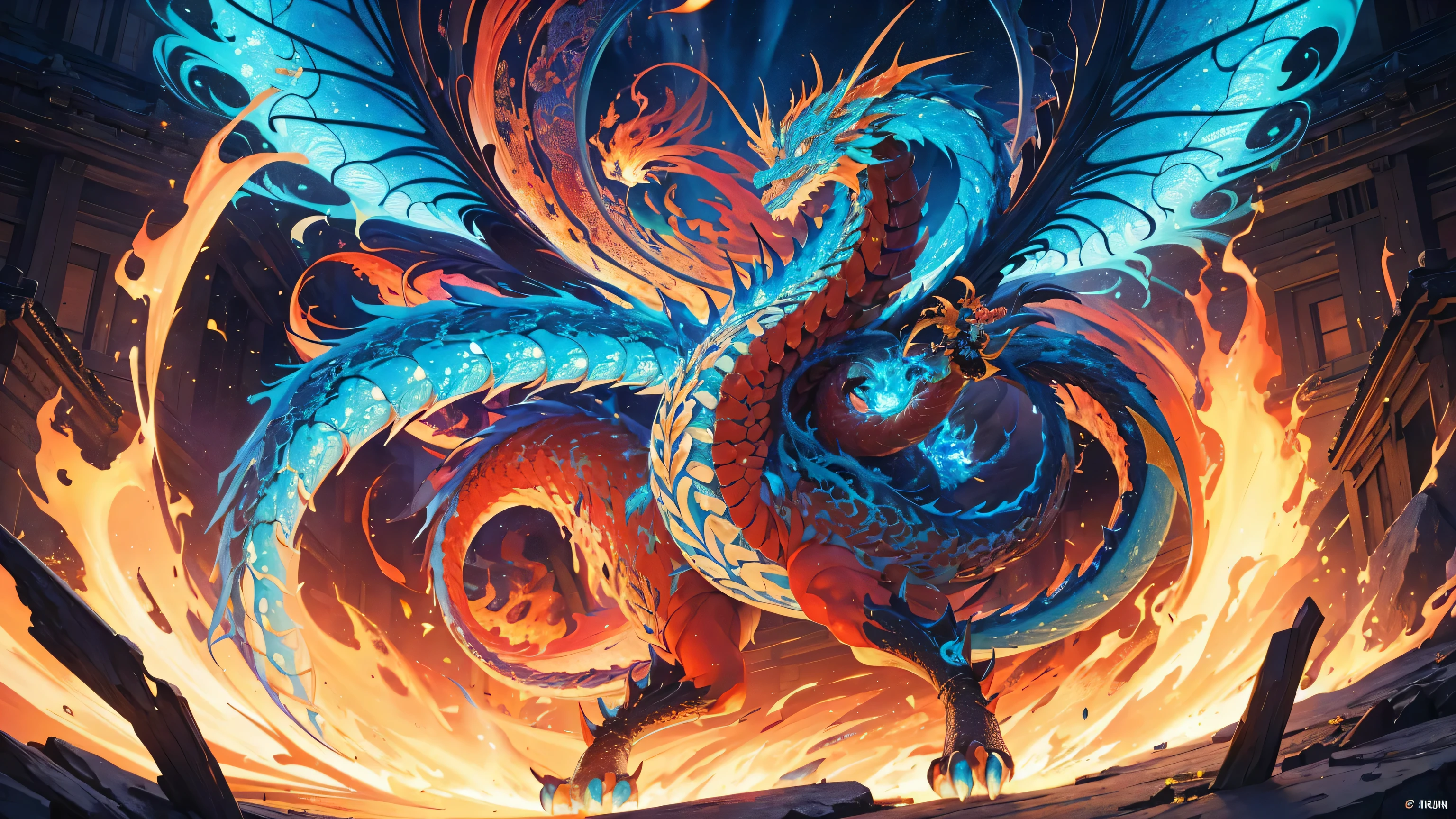 *8K masterpiece, highest quality, highest quality, Official Art, (Beauty and aesthetics: 1.3), Very detailed, (Fractal Art: 1.3), colorful, Flame and the Japanese Dragon, Serpentine body, nail, cyan and 1 Woman, Hanwomen's Media, Japanese Clothing, cyan,(10 years old),Naked,