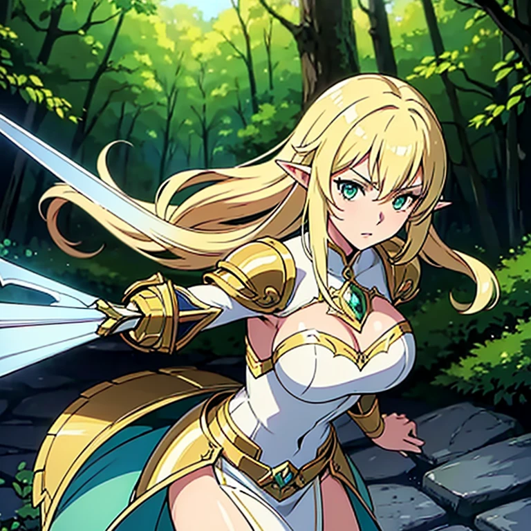 ((a beautiful fantasy empress)), a blonde Elve warrior with emerald green eyes, holding a sword and a sword, alluring Elfe Prinzes, Elfenkrieger, Weibliche Elfe, Elfe Prinzessin, Elf girl, elf rogue, Nissa Genesis Magier, rogue anime girl, a beautiful fantasy empress, cushart krenz key art feminine, blonde anime girl with long hair, beautiful, extrem hoher Detailreichtum, beautiful seductive anime woman, cute anime waifu, beautiful and elegant elf queen, young fairy queen, epische exquisite Charakterkunst, very stylish fantasy armor, Fantasy-Charakter art, Aus Lineage 2, Kriegerin, Female armor, Fantasy-Charakter, schwere white and gold armor, Portrait Anime Girl, anime visual of a cute girl, erstellt mit Anime Painter Studio, Anime style portrait,a woman in armor with a sword and a sword in her hand, shadowverse style, Armor Girl, she holds a sword, hochdetailliertes offizielles Kunstwerk, razor-sharp RPG portrait, im Wald, inspiriert von Li Chevalier, shadowverse, royal elegant pose, white and gold armor, epische Geschichte