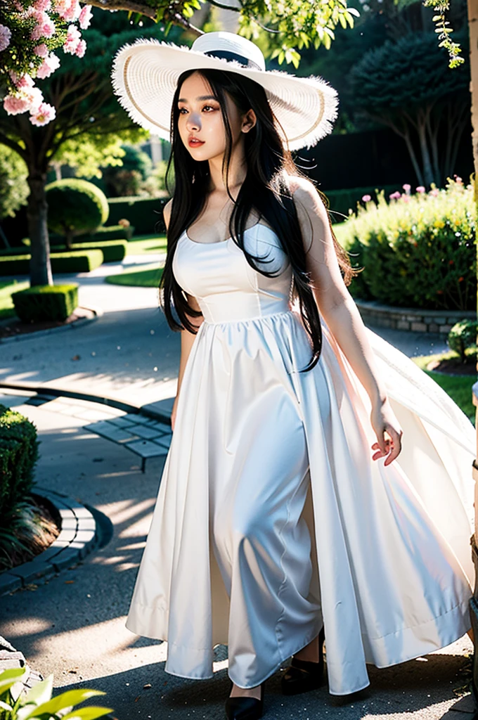 A girl in a garden,black long hair,thick body,white long dress,big hat,witch clothes,ultra-detailed,realistic,