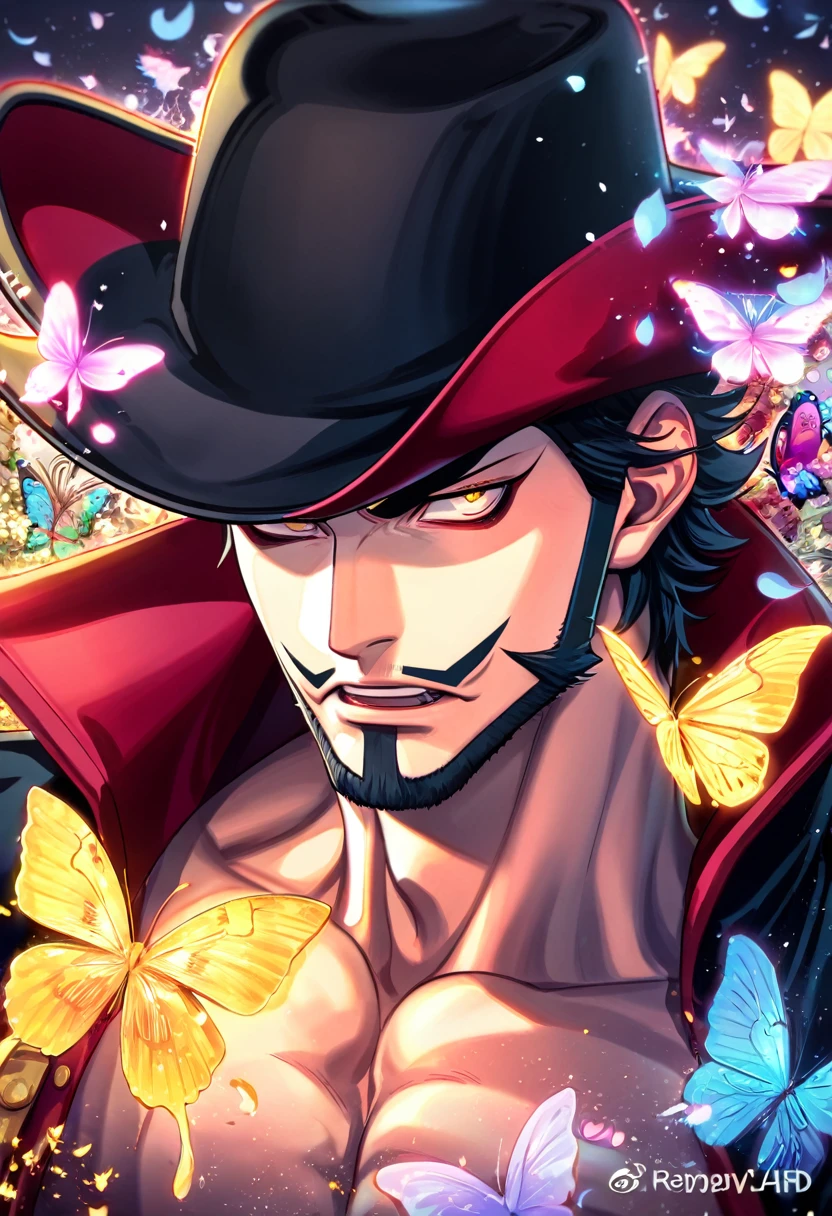 absurdres, highres, ultra detailed, HDR, master piece, best quality, Dracule Mihawk, black hair, expressive yellow eyes, One Piece, solo, sexy man, handsome, toned chest, black coat, black hat, cross, butterflies, petals, magical