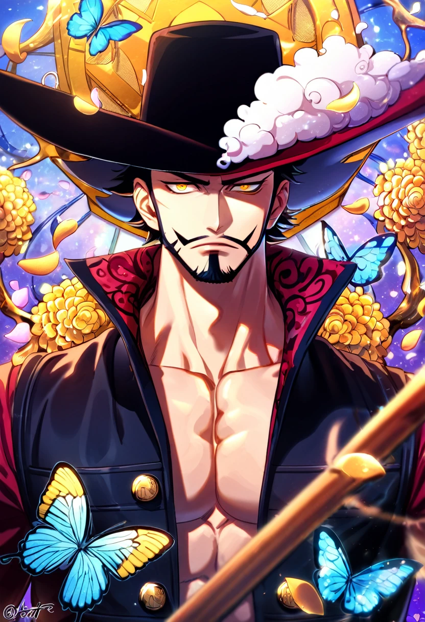 absurdres, highres, ultra detailed, HDR, master piece, best quality, Dracule Mihawk, black hair, expressive yellow eyes, One Piece, solo, sexy man, handsome, toned chest, black coat, black hat, cross, butterflies, petals, magical