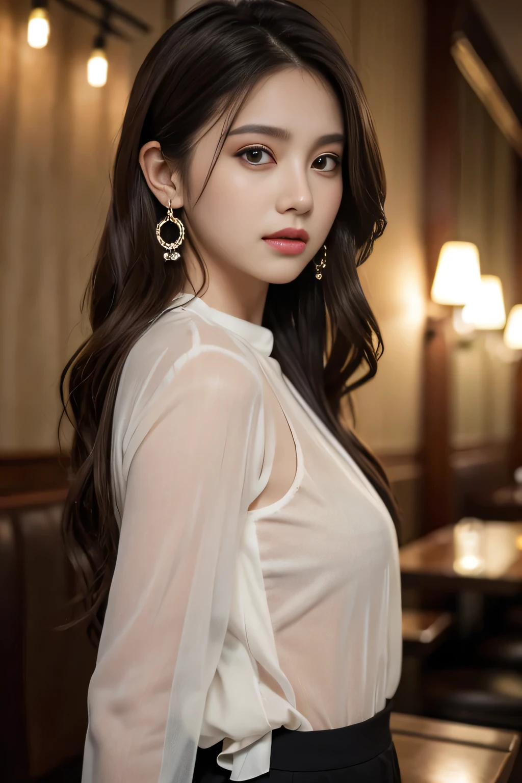 masterpiece, highest quality, Realistic, Very detailed, Finer details, High resolution, 8k wallpaper, One beautiful woman, Wear a black see-through shirt, In a great restaurant, At night, Light brown messy hair, Perfect dynamic composition, Beautiful and beautiful eyes、Big earrings