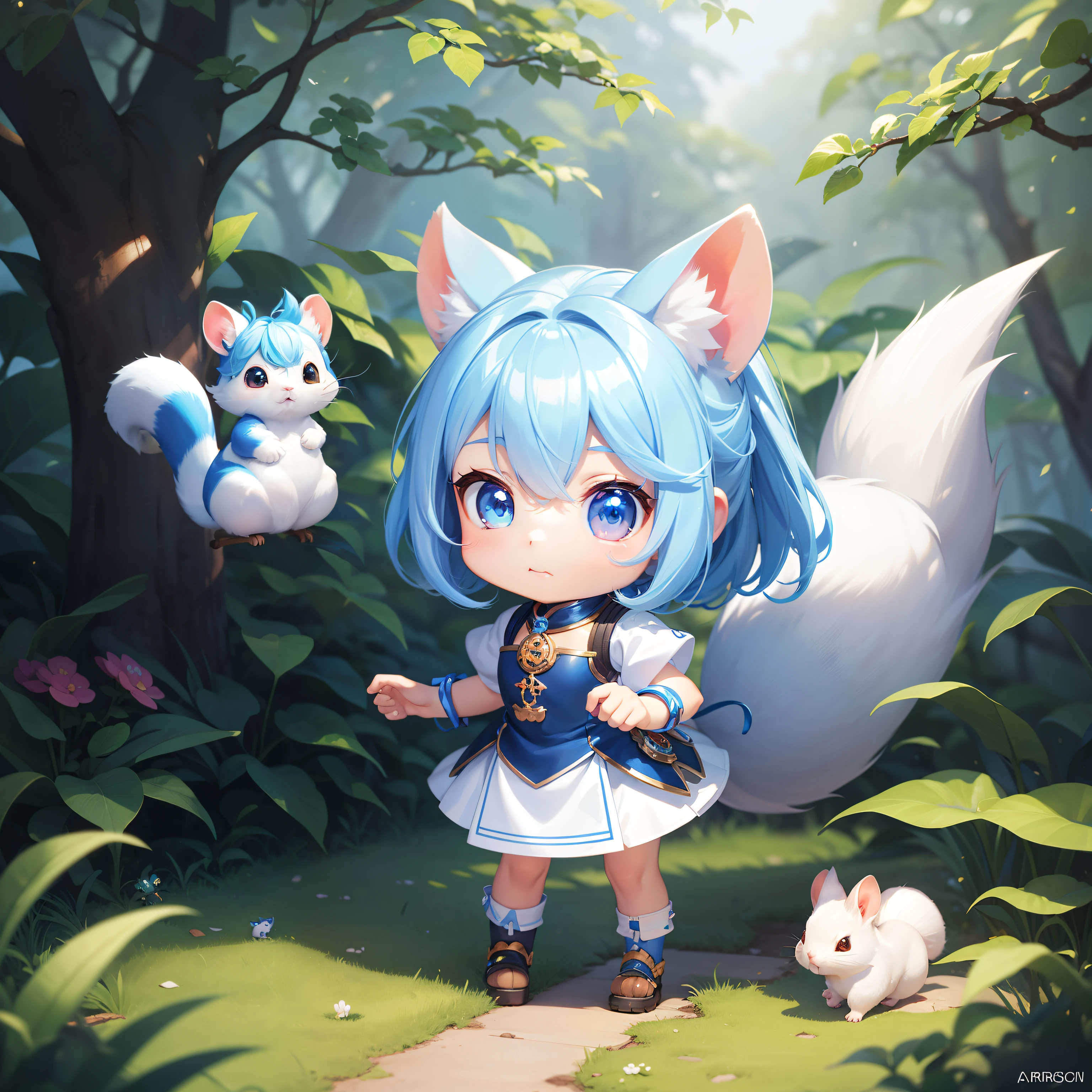 There is a small white ardilla with an acorn in his hand, Chibichara A pretty girl with blue hair is also with me.。Es un lindo disfraz blanco y azul.。ojos oscuros。linda criatura del bosque, adorable pintura digital, lindo arte digital detallado, the ardilla king, lindo arte digital, lindos personajes de dibujos animados, lindo personaje, Criaturas lindas, chica, ilustraciones oficiales, arte oficial, ardilla, maple mouse, astri lohne, lindo render 3d