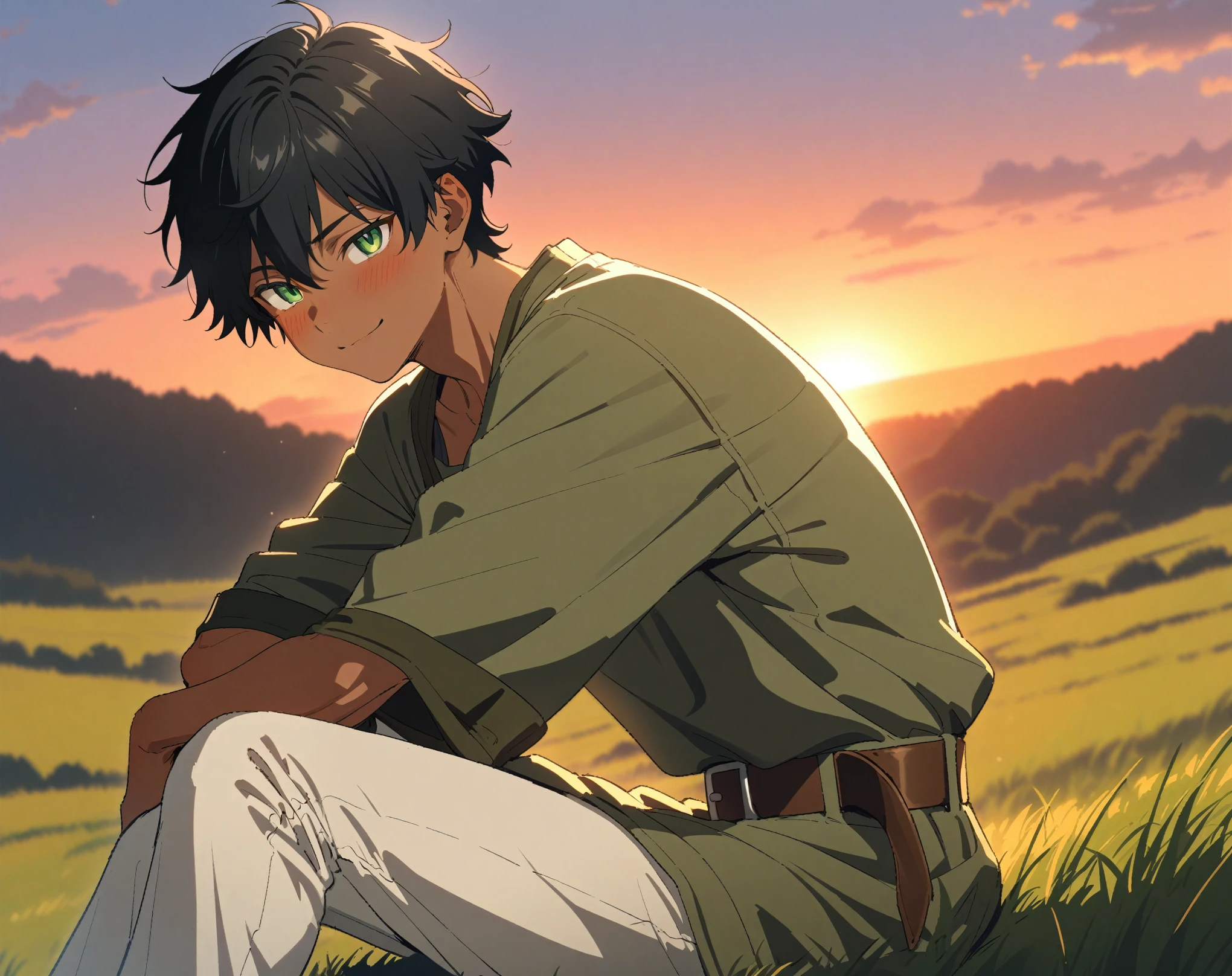 (Masterpiece, best quality, highres) {{Artist: Sincos}} 1 man, solo, 26years old, strong, tan skin, handsome, muscular, sharp eyes, green eyes, black hair, short haircut, taller than camera, green tunic, leather belt, white pants, gentle smile, gentle eyes, sunset, sitting on grassy hill, from the side, looking at camera, shy smile, blushing, medieval fantasy.
