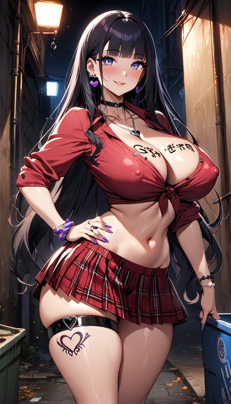 masterpiece, high quality, detailed eyes, 
1girl, solo, gyaru, gal, blunt bangs, purple streaked black hair, long hair, jirai kei, (mature:1.0) (huge breast:0.8), (voloptuous:0.8),thick ass, glistened skin, shiny skin, tall, leggy, light smile, (pubic tatoo:1.2),
looking at viewer, body writing, (background of a dumpster nearby in an alley),(night:1.1), (contrapposto:1.0),  hand on hips, (white tied shirt), navel, (purple nail polish), (red Plaid short pleated skirt), cleavage, heart earing, choker, thigh strap, bracelet, necklace, covered nipple, cleft of venus, cameltoe, 
(doujin:0.5), (anime:1.0),