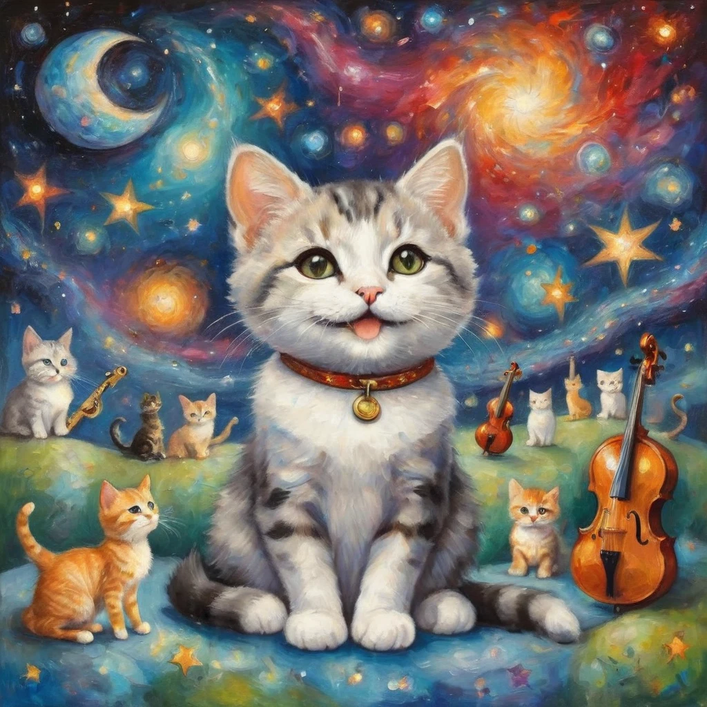 chibi, (((a chibi cute cat, smiling, facing forward))), colorful musical notes and instruments, musical notes, depicted with an ethereal and vibrant aura, ((surrounded by many other cats)), musical elements, singing, and playing musical instruments, the background is a cosmic scene with stars, galaxies, and nebulae, enhancing the sense of vastness, ((Marc Chagall style)), magical naive art, primitivism, protogen, ((Best quality, masterpiece)),
((((Highest detail), Impressionism:1,1, 8K