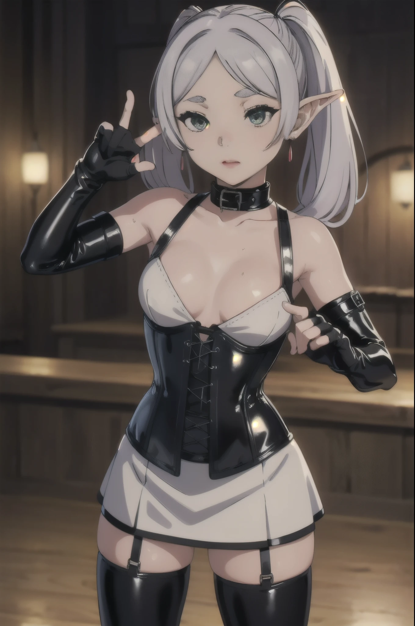 BDSM、Queen、mistress、(((One girl)))、solo、(((Long gloves covered to the fingertips in black latex:1.4 )))、(((Black latex corset dress:1.4)))、(((The corset dress is decorated with beautiful lace.)))、(((Corset dress with shoulder straps)))、(((Black latex tight mini skirt:1.4)))、(((Black Thigh Boots)))、(((Black fishnet stockings:1.2 )))、Stiletto heels、(((Black latex panties)))、(((Black latex bra)))、(((Black leather collar)))、(((Sexy pose:1.4 )))、Wide-open legs:1.2、(((Erotic)))、(((Cowboy Shot)))、芙èŽdryè“®,One Girl,Fairy,Gray Hair,灰colorの髪の毛,earriSleeveless dress,White Dress,Sleeveless dress,Exposing shoulders,clavicle,ngs,Pointed Ears,Long Hair,ponytail,Green Eyes,(Twin tails behind the ears),Parted bangs,(Thick, white eyebrows),Browsing Caution,Small breasts,Cleavage, 20 years,young woman,beautiful指,beautiful長い脚,beautiful体,beautiful鼻,beautifulキャラクターデザイン, Perfect Eyes, perfect face,Expressive eyes,
Observe the audience、Cheeky look、不機嫌なface、
Official Art,Highly Detailed CG Unity 8k Wallpaper, Perfect lighting,colorful, bright_front_face_Lighting,Glowing Skin,
(masterpiece:1.0),(Highest_quality:1.0), 超High resolution,4K,Very detailed,
photo shoot, 8k, High resolution, High resolution, Confused:1.2, Kodak Portrait 400, Film Grain, Blurred Background, Bokeh:1.2, Lens flare, (Vibrant_color:1.2), (beautiful_face:1.5),(narrow_Waist), ,Browsing Caution,, Amazing visuals, High resolution,masterpiece,Highest quality,