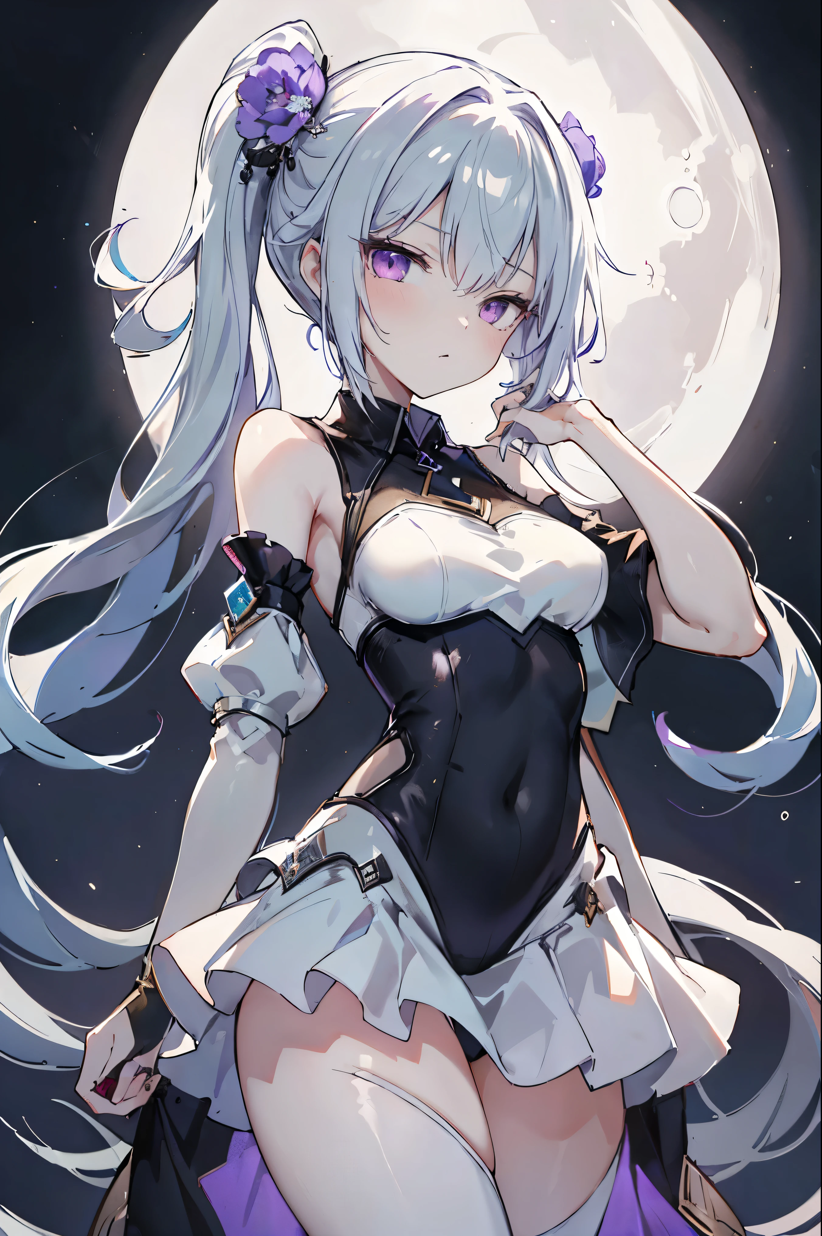 1girl, anime, cute girl, blank background, white background, fantasy, detailed fantasy dress with highlights, beautiful face, beautiful eyes, dark colors, black hair with multicolor streaks, red eye with different color pupil in eye, multicolor eye, medium breasts, slight cleavage, beautiful skin, cute, breast curtains, extremely delicate and beautiful, (beautiful detailed face:1.0), (detailed deep eyes), symmetrical breasts, deep eyes, shiny skin, portrait, slender waist, hips wider than shoulders, thighs, expressionless, young girl, luminous eyes, adorable,(Kpop idol),(aegyo sal:1),(Platinum blonde hair:1),((puffy eye)),Black panty,sexy posture,Superskirt, Ultra-high resolution,Black collar,slim figure, Abdominal y tattoo, womb tattoo,Tight-fitting leg ring,y tattoo on half-body,Bare skin, Armored hand,Hidden fingertips,Hand covered,Arm covered,Fist covered,{{beautiful detailed fingers}}, tufts of hair, moderate beautiful breast:1.0,(masterpiece:1.2), best quality, high-res, HDR, perfect face, intricate armor, delicate blue filigree, intricate filigree, red metalic parts, detailed part, dynamic pose, dynamic lights, cute face, neutral expression, shuimobysim, lotus, hanfu, maxi skirt, dress conservatively 1girl, solo, long blue hair, standing, One lady,14years,((White hair) ,((Normal breasts)), (Shiny purple bodysuit with microskirt),((Fantasy, Moon Night))