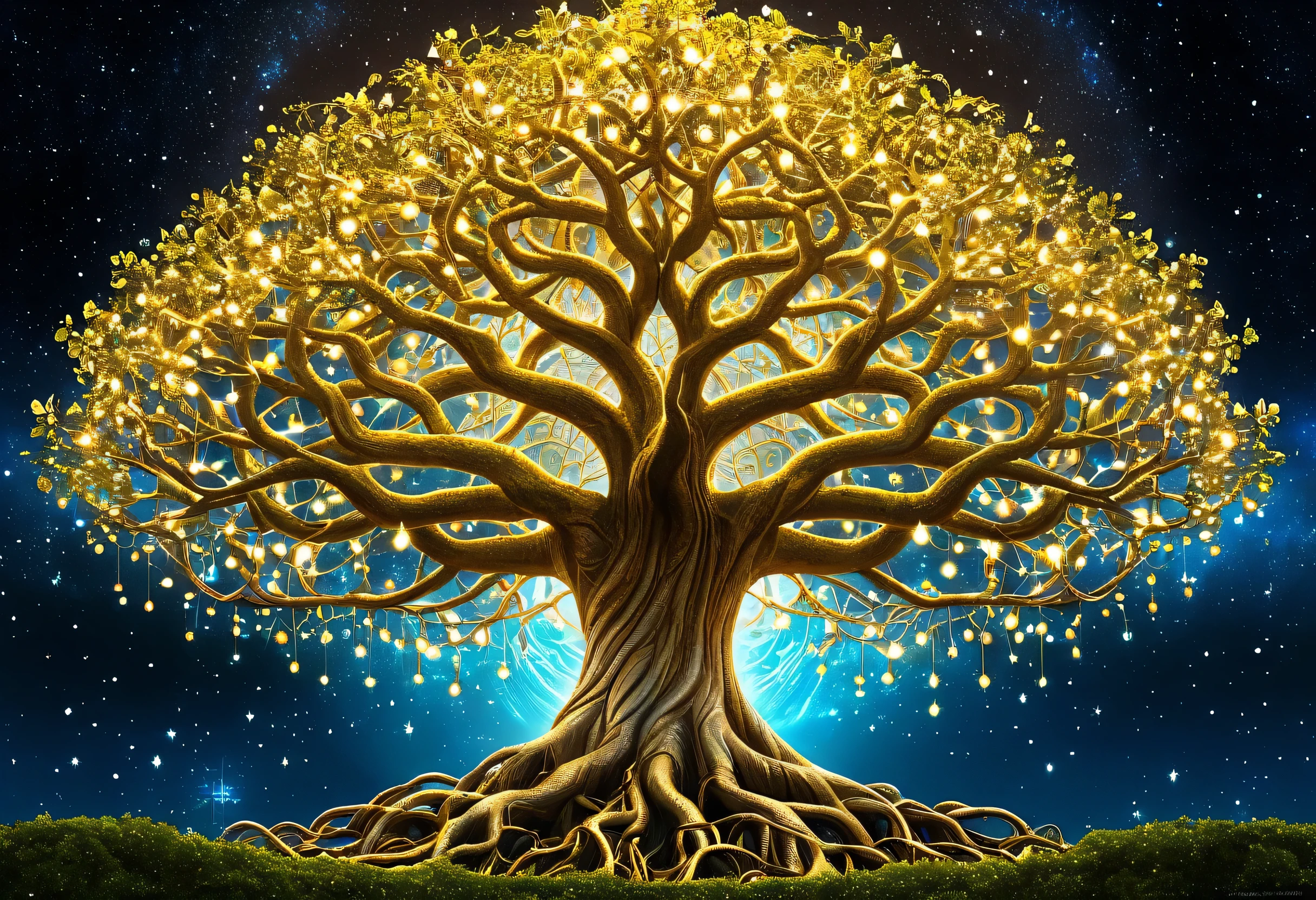 A picture of a tree with lots of lights, Magic Tree, Magic Tree, Fantasy Tree, Space Tree of life, the world Tree, large Magic Trees, Space Tree, the Tree of Life, world Tree, Tree of Life, Tree of Life seed of doubt, Golden Sacred Tree, Yggdrasil, Fantasy Magic Plants, Magic fantasy highly detailed