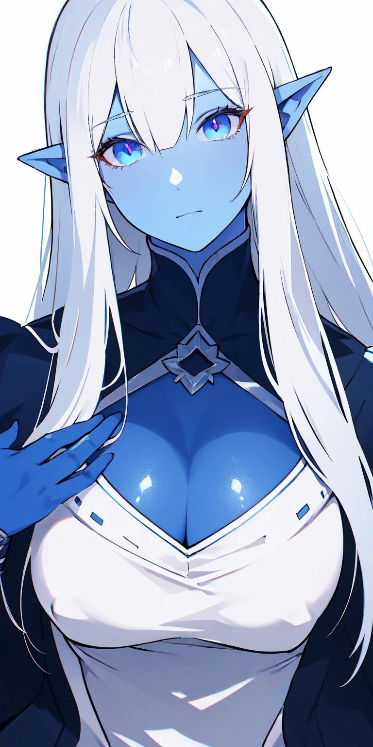 Big, blue skin color, white hair, blue ayes, pointy ears, hyper realistic, ultra detail, high res