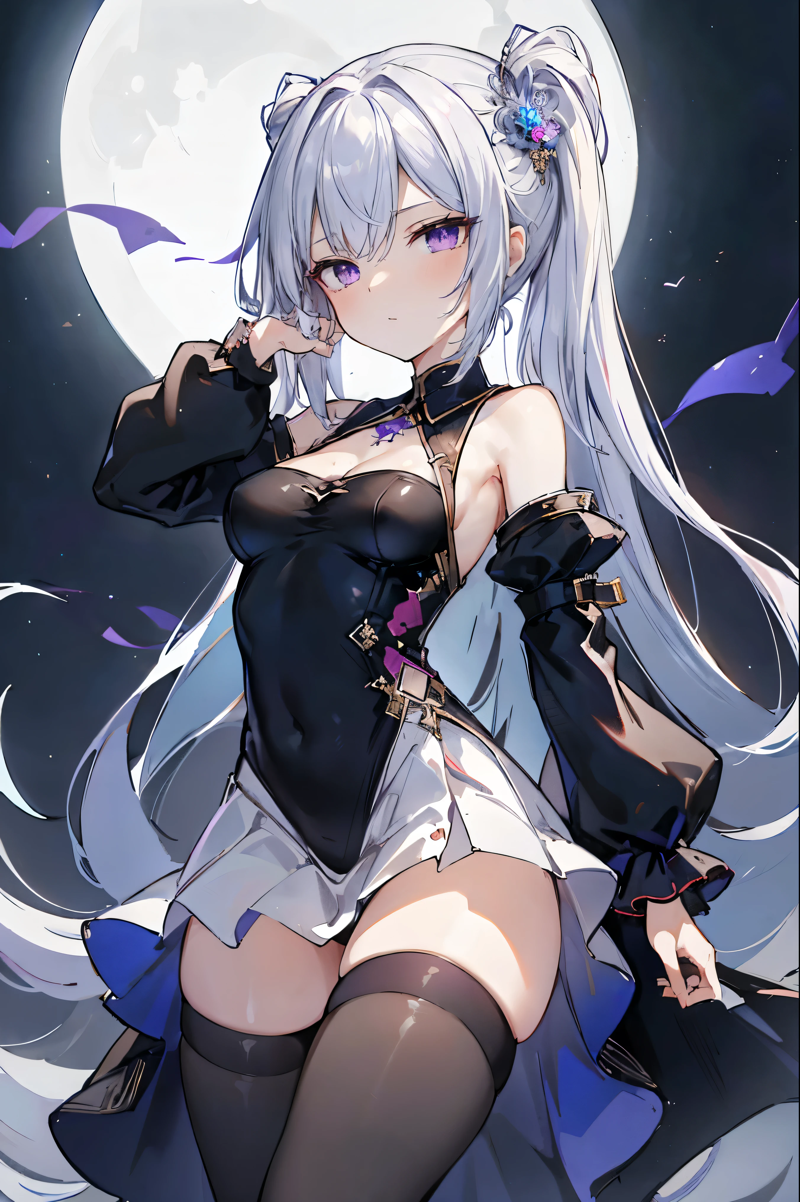 1girl, anime, cute girl, blank background, white background, fantasy, detailed fantasy dress with highlights, beautiful face, beautiful eyes, dark colors, black hair with multicolor streaks, red eye with different color pupil in eye, multicolor eye, medium breasts, slight cleavage, beautiful skin, cute, breast curtains, extremely delicate and beautiful, (beautiful detailed face:1.0), (detailed deep eyes), symmetrical breasts, deep eyes, shiny skin, portrait, slender waist, hips wider than shoulders, thighs, expressionless, young girl, luminous eyes, adorable,(Kpop idol),(aegyo sal:1),(Platinum blonde hair:1),((puffy eye)),Black panty,sexy posture,Superskirt, Ultra-high resolution,Black collar,slim figure, Abdominal y tattoo, womb tattoo,Tight-fitting leg ring,y tattoo on half-body,Bare skin, Armored hand,Hidden fingertips,Hand covered,Arm covered,Fist covered,{{beautiful detailed fingers}}, tufts of hair, moderate beautiful breast:1.0,(masterpiece:1.2), best quality, high-res, HDR, perfect face, intricate armor, delicate blue filigree, intricate filigree, red metalic parts, detailed part, dynamic pose, dynamic lights, cute face, neutral expression, shuimobysim, lotus, hanfu, maxi skirt, dress conservatively 1girl, solo, long blue hair, standing, One lady,14years,((White hair) ,((Normal breasts)), (Shiny purple bodysuit with microskirt),((Fantasy, Moon Night))