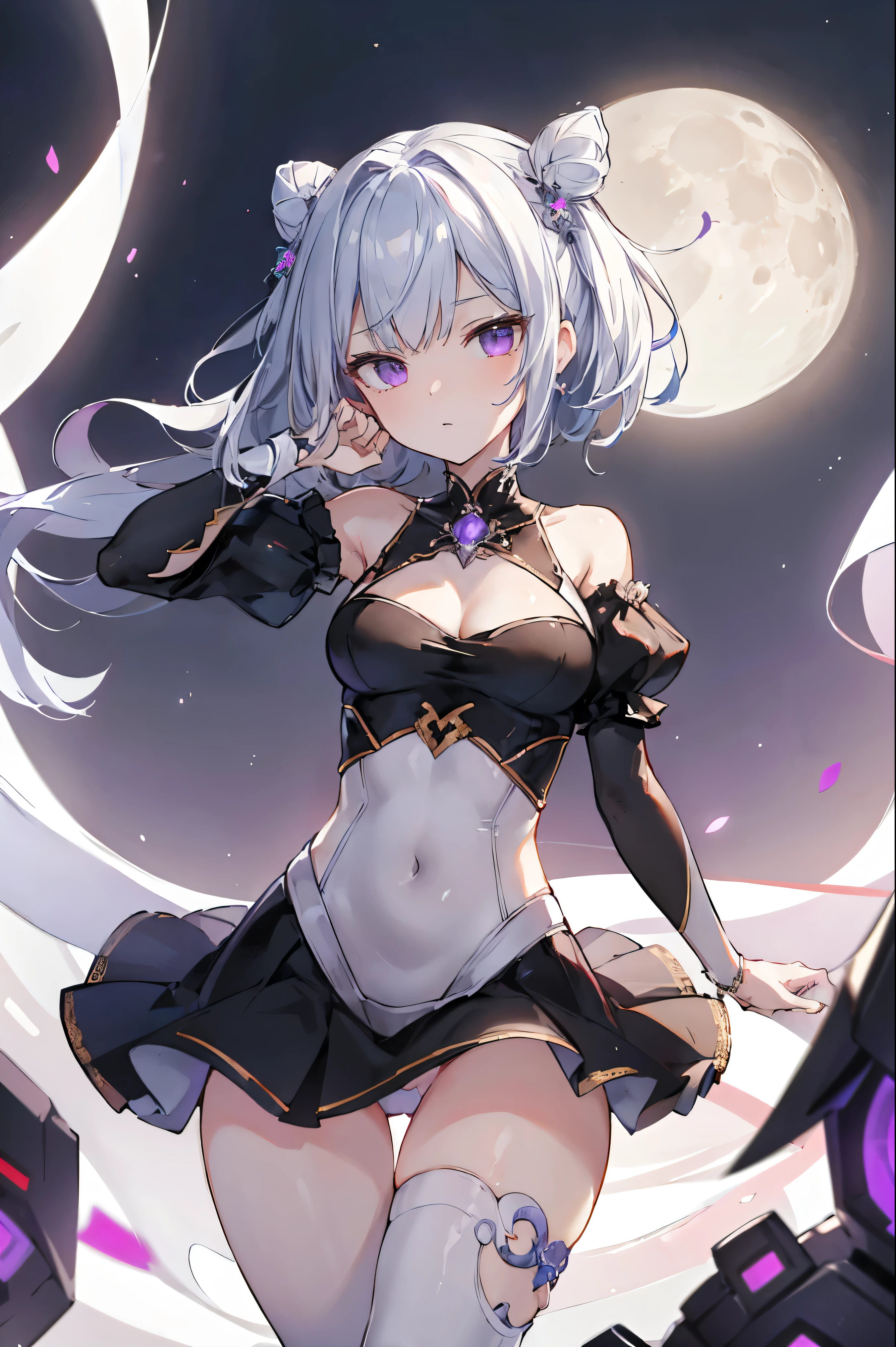 1girl, anime, cute girl, blank background, white background, fantasy, detailed fantasy dress with highlights, beautiful face, beautiful eyes, dark colors, black hair with multicolor streaks, red eye with different color pupil in eye, multicolor eye, medium breasts, slight cleavage, beautiful skin, cute, breast curtains, extremely delicate and beautiful, (beautiful detailed face:1.0), (detailed deep eyes), symmetrical breasts, deep eyes, shiny skin, portrait, slender waist, hips wider than shoulders, thighs, expressionless, young girl, luminous eyes, adorable，（Kpop idol）,（aegyo sal：1），（Platinum blonde hair：1），（（puffy eye）），Black panty，sexy posture，Superskirt, Ultra-high resolution，Black collar，slim figure, Abdominal y tattoo, womb tattoo，Tight-fitting leg ring，y tattoo on half-body，Bare skin, Armored hand，Hidden fingertips，Hand covered，Arm covered，Fist covered,{{beautiful detailed fingers}}, tufts of hair, moderate beautiful breast:1.0,(masterpiece:1.2), best quality, high-res, HDR, perfect face, intricate armor, delicate blue filigree, intricate filigree, red metalic parts, detailed part, dynamic pose, dynamic lights, cute face, neutral expression, shuimobysim, lotus, hanfu, maxi skirt, dress conservatively 1girl, solo, long blue hair, standing, One lady,years,((White hair) ,((Normal breasts)), (Shiny purple bodysuit with microskirt),((Fantasy, Moon Night))