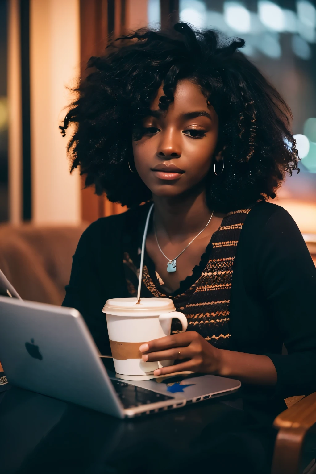 admiration, man, dark skin, black young boycurly hair, comfortable, notebook, coffee, night, relax, room, high definition, hd, masterpiece, 4K lofi style
