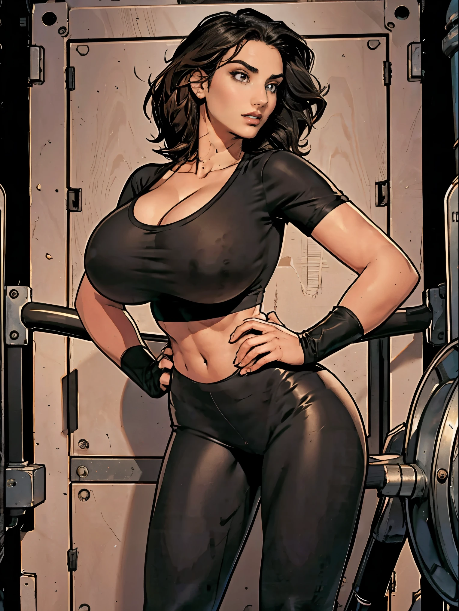 Gorgeous and sultry busty athletic brunette with sharp facial features and a (large nose) and (gigantic boobs) wearing a black sports top and black leggings, skindentation, cleavage, gym