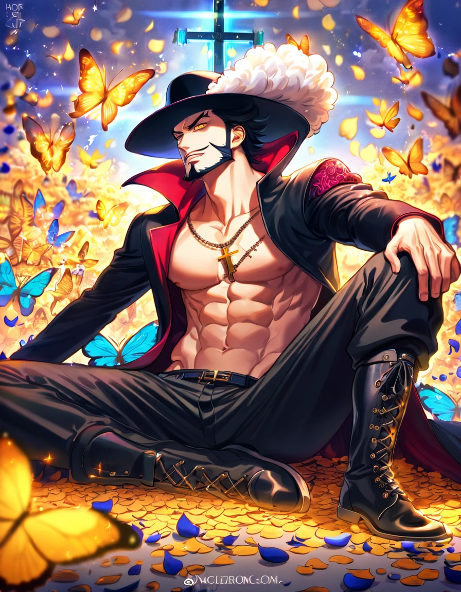 absurdres, highres, ultra detailed, HDR, master piece, best quality, Dracule Mihawk, black hair, expressive yellow eyes, One Piece, solo, sexy man, handsome, toned chest, black coat, black hat, sitting, cross, butterflies, petals, magical