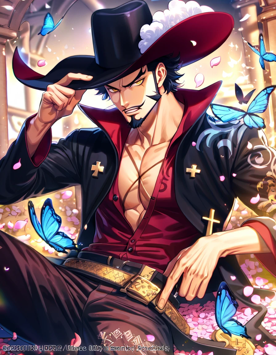 absurdres, highres, ultra detailed, HDR, master piece, best quality, Dracule Mihawk, black hair, expressive yellow eyes, One Piece, solo, sexy man, handsome, toned chest, black coat, black hat, sitting, cross, butterflies, petals, magical