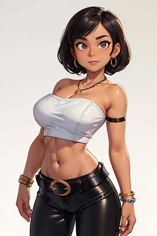 8K, (best quality, masterpiece:1.3), (detailed:1.2), 1girl, solo, ((26 year old, Filipino Woman, tanned bronze skin:1.02, short black hair:1.3, Detailed Amber eyes:1.03, Detailed face, medium breasts, narrow waist, wide hips, curvy (Wearing: Strapless Black tube top, black leather pants, white belt, necklace, bracelets:1.2)), (midriff), (agile physique:1.1), (Character Focus),Perfect Anatomy, She's looking at the camera with an thrilled and joyful look on her face
