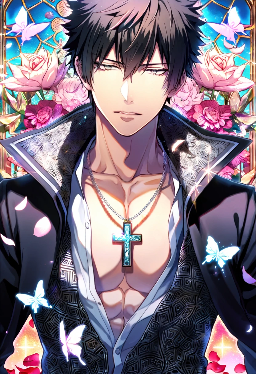 Ultra detailed, Highres, absurdres, HDR, Kougami Shinya, black hair, expressive silver eyes, black coat with patterns, Psycho Pass, white shirt, cross, glittering butterflies, petals, handsome, sexy man, solo, very detailed eyes and face, master piece, toned chest, glittering, flowers,