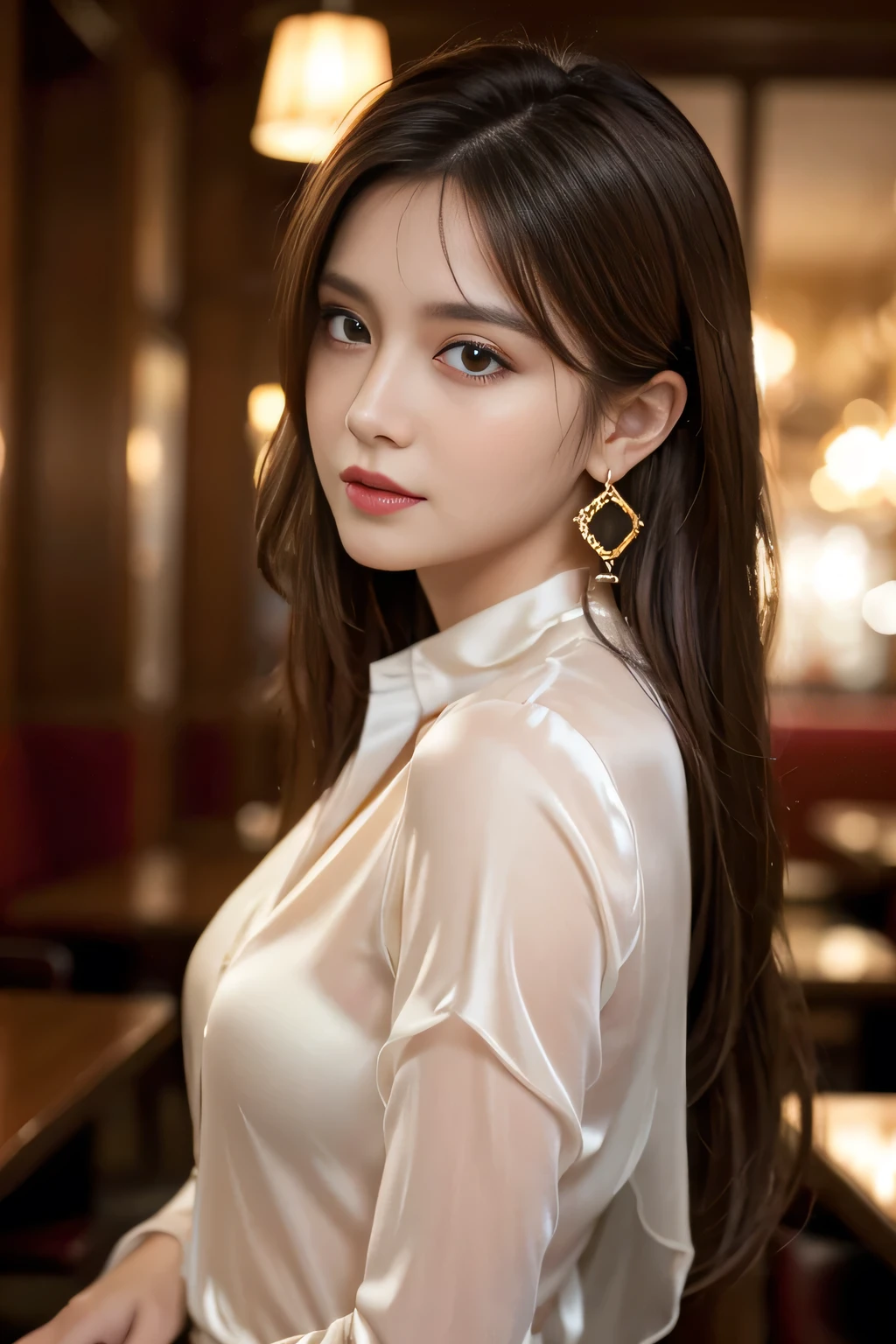 masterpiece, highest quality, Realistic, Very detailed, Finer details, High resolution, 8k wallpaper, One beautiful woman, Wear a see-through silk shirt, In a great restaurant, At night, Light brown messy hair, Perfect dynamic composition, Beautiful and beautiful eyes、Big earrings