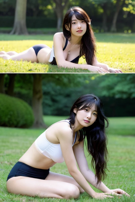 (highest quality、8k、32k、masterpiece、Ultra-high resolution: 1.2)、Cute Japanese Photos、Small breasts、Very neat style、Black layered long hair、whole body、whole bodyフォーカス、necklace、Simple Background、whole body、Positive、On all fours、clear、Honor student、String half cup bikini、knees、Thighs、Expressionless