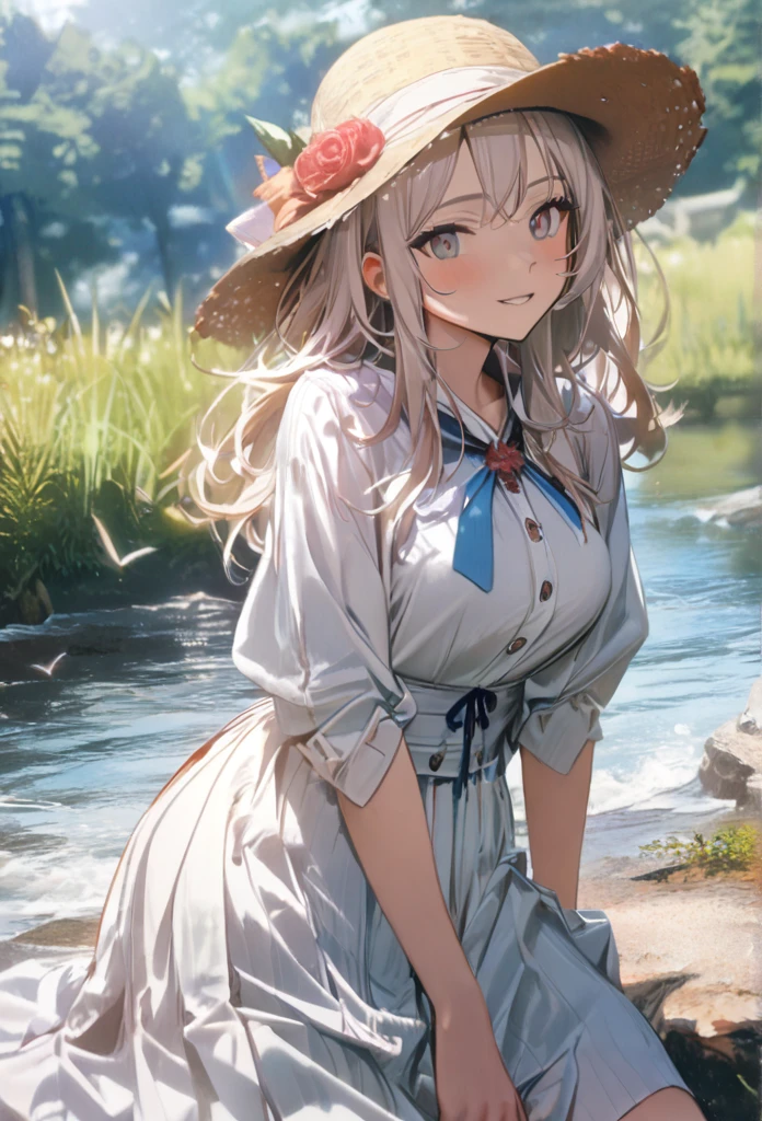 High quality, high definition, hig
h precision images,8k 1 Girl 、long white hair, light blue one piece,straw hat fishing in the river.Colorful fish are swimming in the river,((A cute fox sitting beside ))、smile