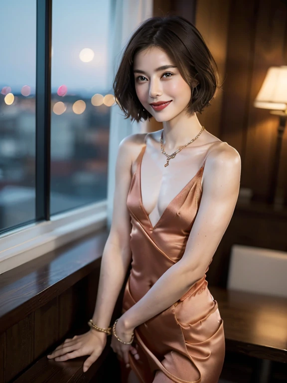 (,Ultra-high resolution, highest quality, masterpiece: 1.2), (Realistic, photoRealistic: 1.37), Very detailed, (White detailed skin:1.3),1 beautiful skinny Japanese person, (slimな顔), ((Very muscular and slender:1.5)), (Medium length brown hair:1.2), cheeks turn a little red, A -faced 34-year-old, (((A sexy party dress in deep red made of super tight, thin satin fabric.:1.2))),((Very small and flat chest:1.65)),alone, (Restaurant with beautiful detailed city night view outside the window:1.2),, wine glassを持つ, At night, NovaFrogStyle in a prominent place, actress, model, Happy smile, (smile: 1.15), Beautiful symmetrical single eyelids, actress, model, White wine, slim, wine glass,(Super Clean 夜 View:1.2), wine glassを高く持つ:1.2, Happy smile,((Cowboy shot from the front:1.2)),((Narrow waist:1.3)),(Golden Necklace,wedding ring,Thin bracelet:1.2),(Slender and beautiful limbs:1.3)