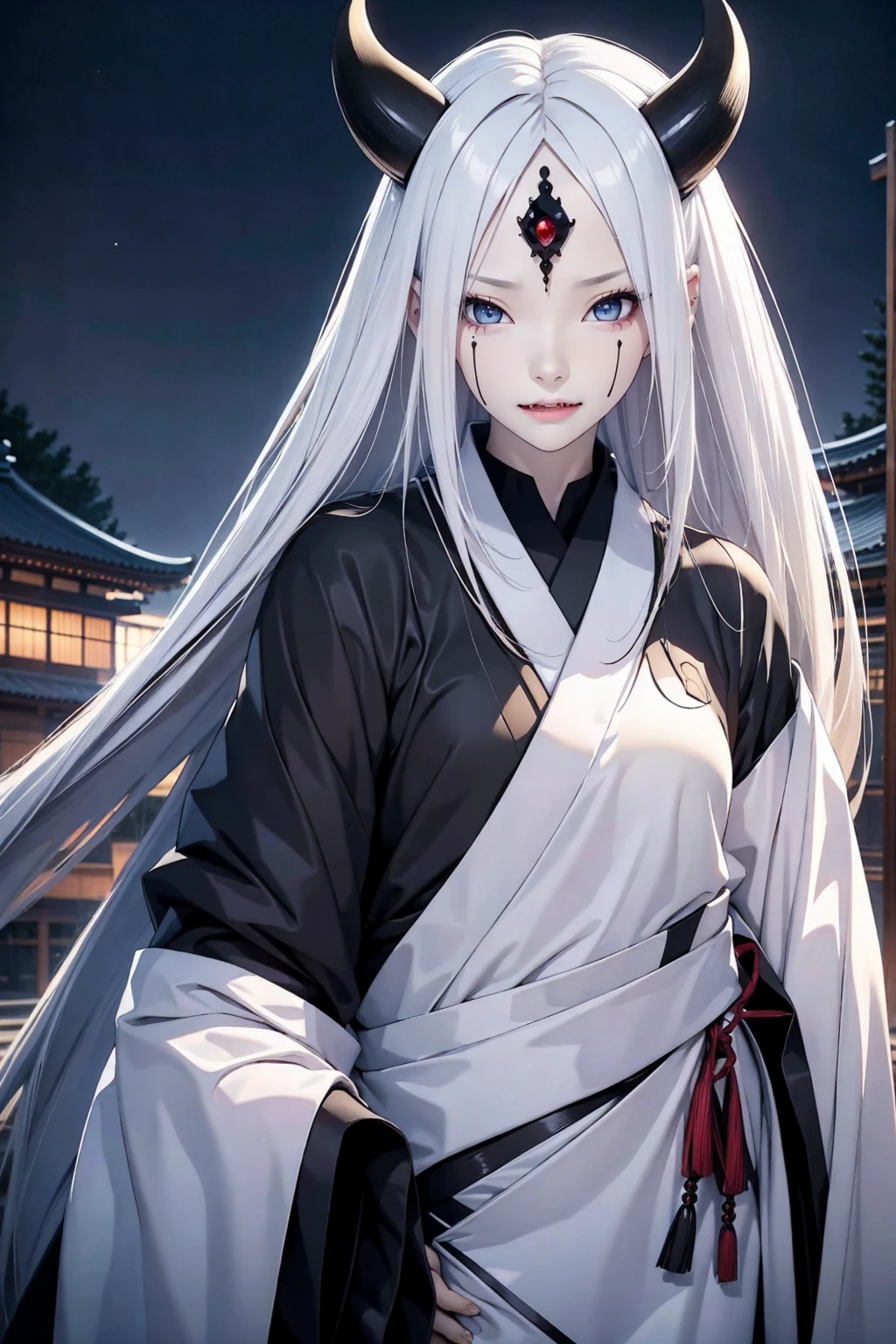 1 man, 40 years, solo, black kimono, night sky, japanese temple, wallpaper, perfect anatomy, perfect hands, masterpiece, looking at viewer, spiked hair, otsutsuki momoshiki, long white hair, hair over one eye, black gloves, third eye, pale skin, horns, forehead mark