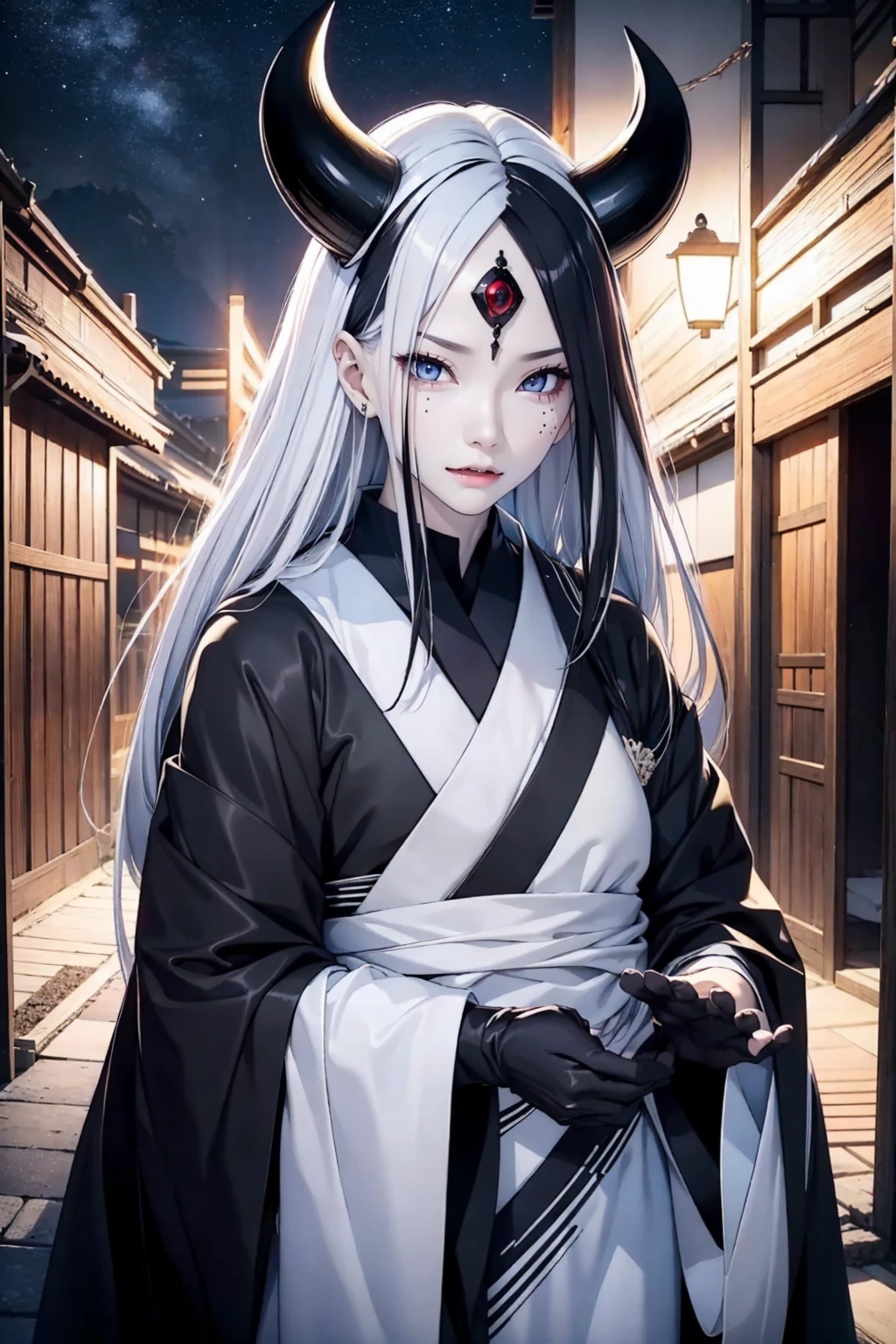 1 man, 40 years, solo, black kimono, night sky, japanese temple, wallpaper, perfect anatomy, perfect hands, masterpiece, looking at viewer, spiked hair, otsutsuki momoshiki, long white hair, hair over one eye, black gloves, third eye, pale skin, horns, forehead mark