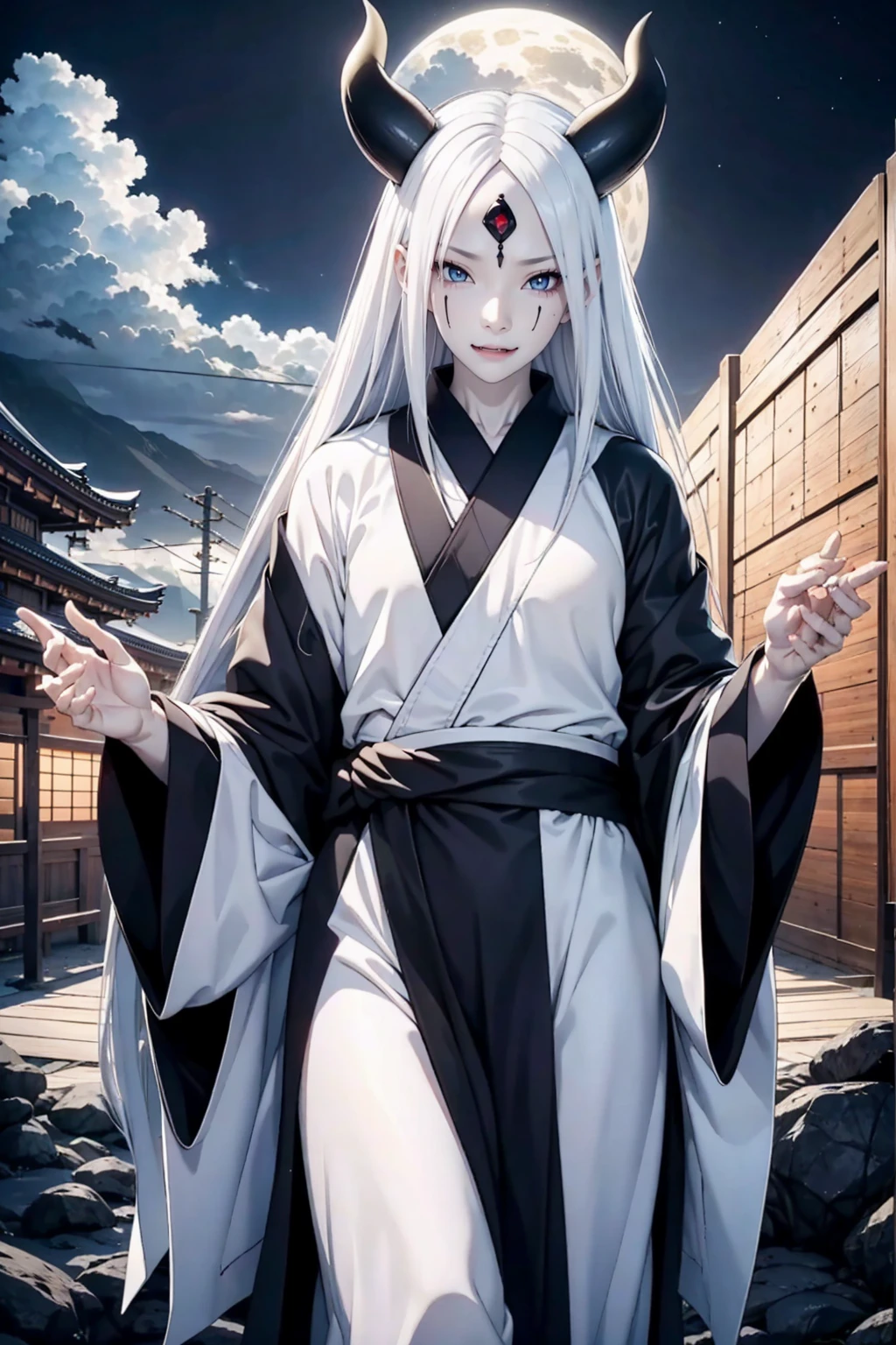 1 man, 40 years, solo, black kimono, night sky, japanese temple, wallpaper, perfect anatomy, perfect hands, masterpiece, looking at viewer, spiked hair, otsutsuki momoshiki, long white hair, hair over one eye, black gloves, third eye, pale skin, horns, forehead mark