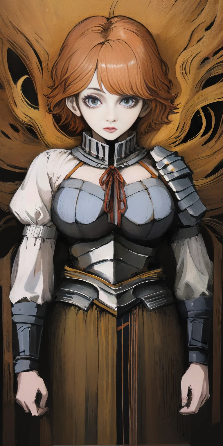 funger, very detailed illustration, 1girl, big breasts, high res high quality, masterpiece, looking at viewer (knight) orange hair, absurdness, ultra detailed, short hair