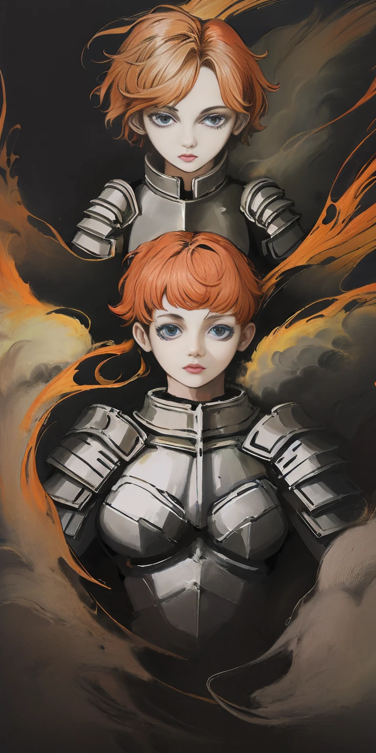 funger, very detailed illustration, 1girl, big breasts, high res high quality, masterpiece, looking at viewer (knight) orange hair, absurdness, ultra detailed, short hair