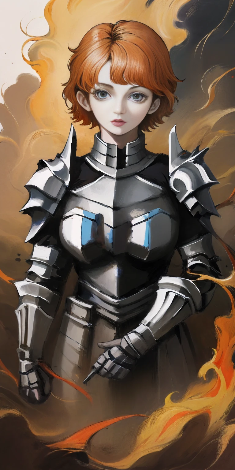 funger, very detailed illustration, 1girl, big breasts, high res high quality, masterpiece, looking at viewer (knight) orange hair, absurdness, ultra detailed, short hair