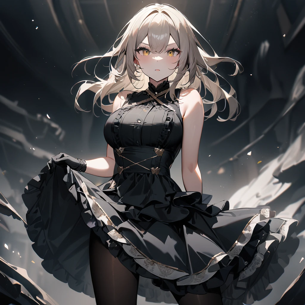 1 girl,best quality, very aesthetic,absurdres,looking at viewer,front view,Lovely lady,,skirt lift,high-grade,layer,westfrill,light hair,multilayer,blackcolor,trim,(side-Crisscross),breasts,upscale,Layered,yellow pale,blackglove,pantyhose,lovely,all black,Sleeveless,open stance,curtsey