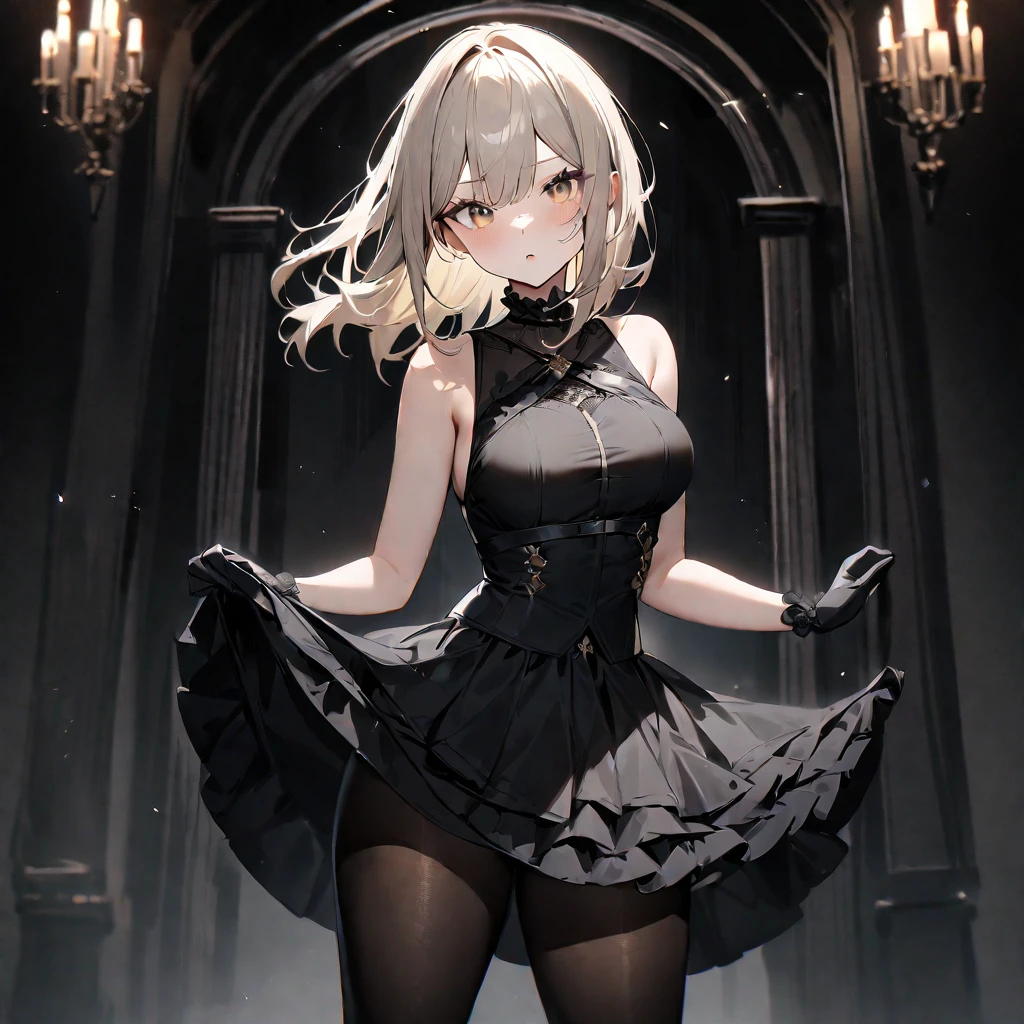 1 girl,best quality, very aesthetic,absurdres,looking at viewer,front view,Lovely lady,,skirt lift,high-grade,layer,westfrill,light hair,multilayer,blackcolor,trim,(side-Crisscross),breasts,upscale,Layered,yellow pale,blackglove,pantyhose,lovely,all black,Sleeveless,open stance,curtsey