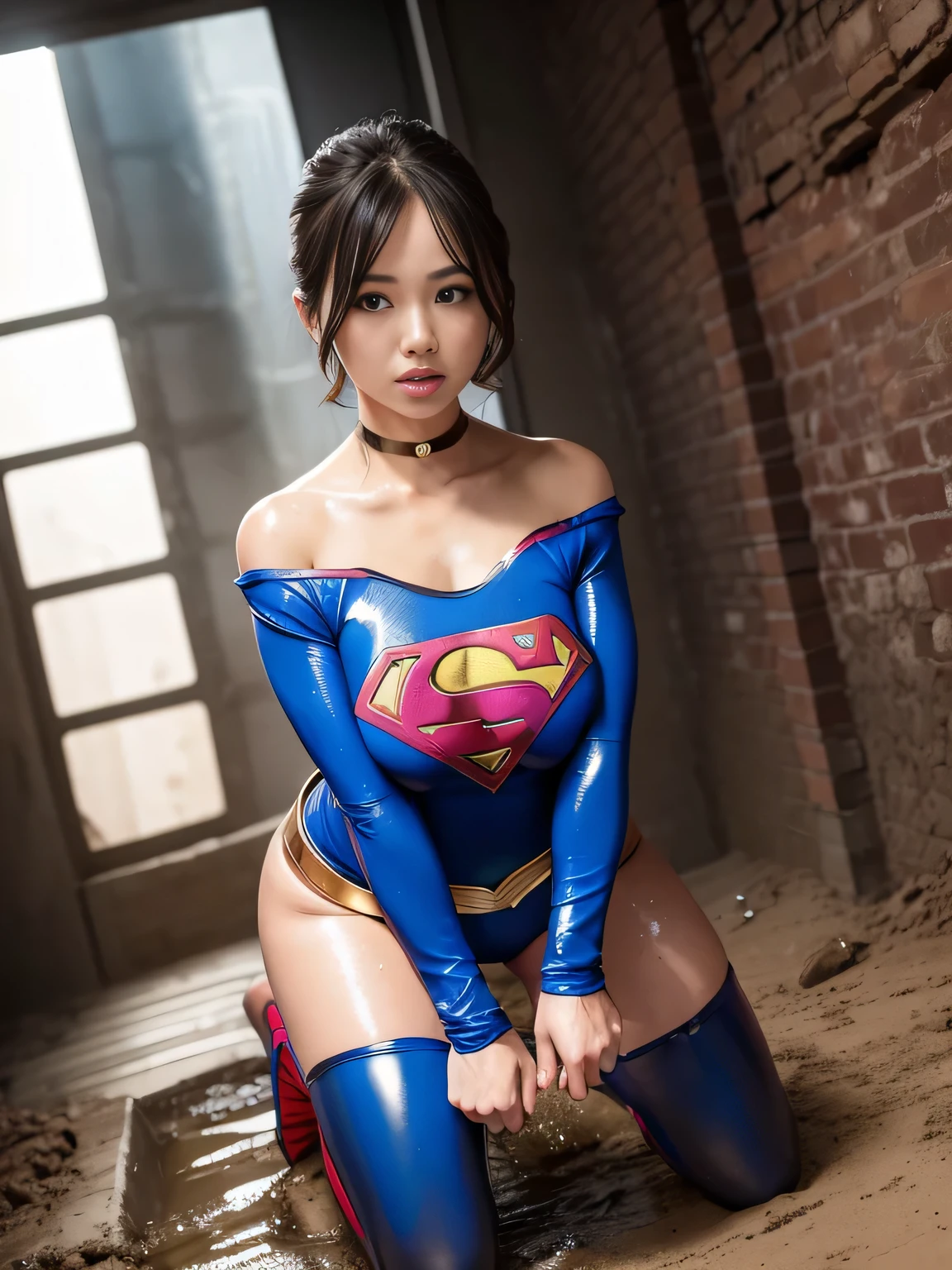 masterpiece、Supergirl Costume、short hair、barefoot、Big and ample breasts、Crisis situation、Complete surrender、Mud stains、Rubble pile、Abused、Kneel、Sweaty、Shiny、looking at the camera、Dripping sewage、choker、Long sleeve、Sexy poses to seduce、Poor environment、Humiliating、Off the shoulder、latex、