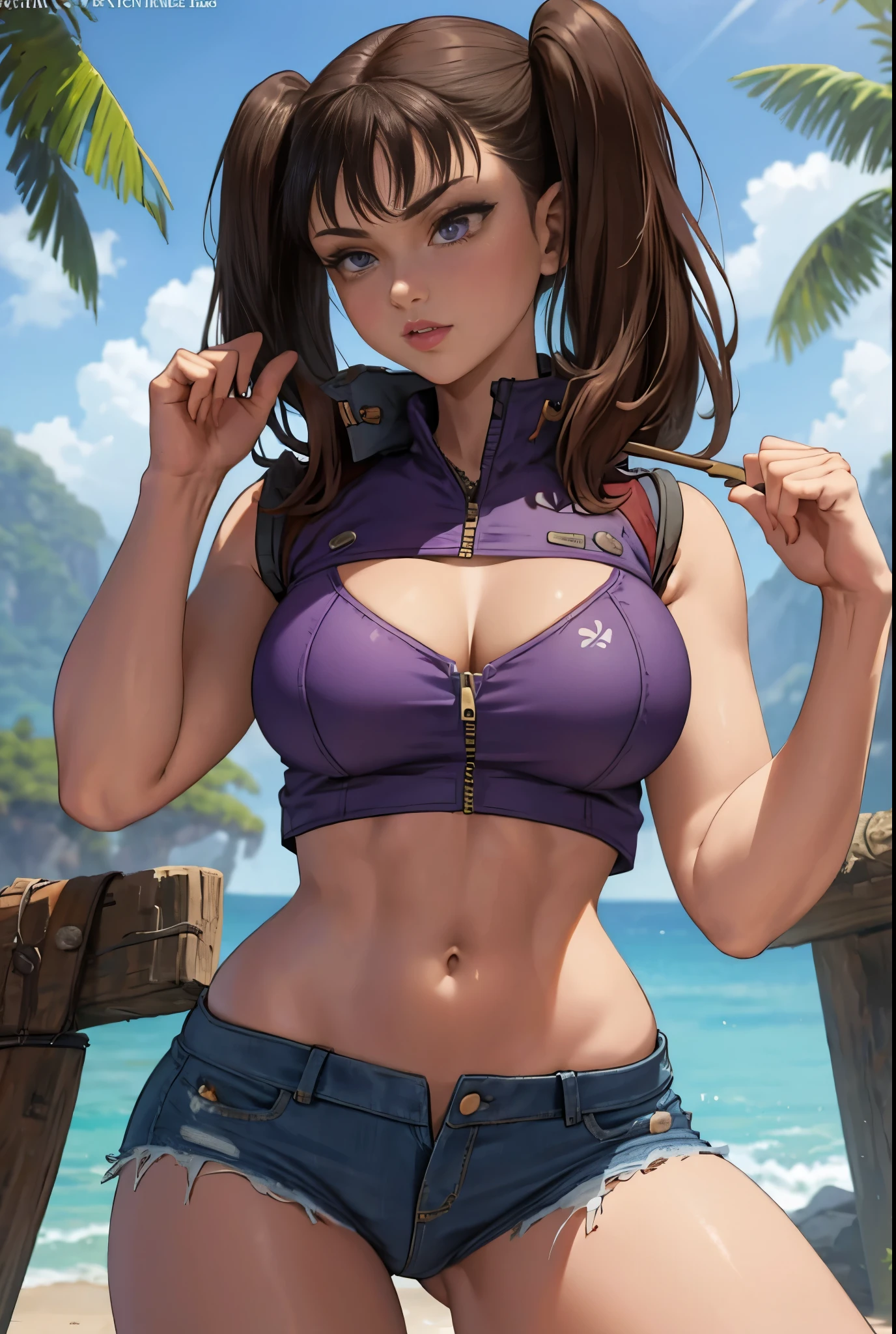 Slim figure，ripped jeans，having fun，Mesh garment，Chest open，Exposing the abdomen，Cocked buttocks，Fleshy thighs，Purple shawl，Masterpiece，Brilliant sunshine，Ocean Garden，Above the sky，Comic cover style，Comic title,tmasterpiece， High- sharpness， high high quality， Detailed face， detailed body render， 1girll， solo， Hinata sleeveless clothing， sleeveless shirts， Fishing net clothing， Dark lips， Unzipped jacket，
