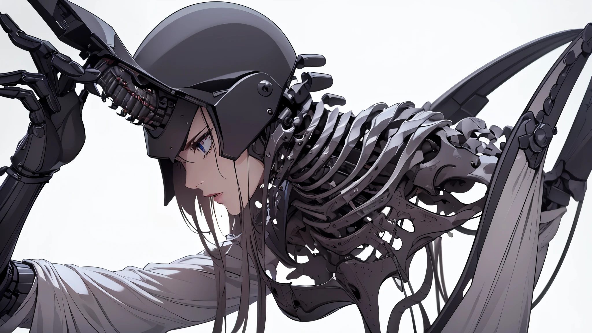 ((8K resolution))、((highest quality))、((masterpiece))、((Very detailed))((((dramatic))), (Anatomically correct)、The depth of the object to write、Looking at the camera、front、(woman、Mechanical bones格、Mechanical boneechanical Cervical Vertebra、Long and thin、lipstick、Spit sludge from the mouth、Bloody)、spooky、an ominous、((theme、whole body:1.1)), SF、Design、White Background