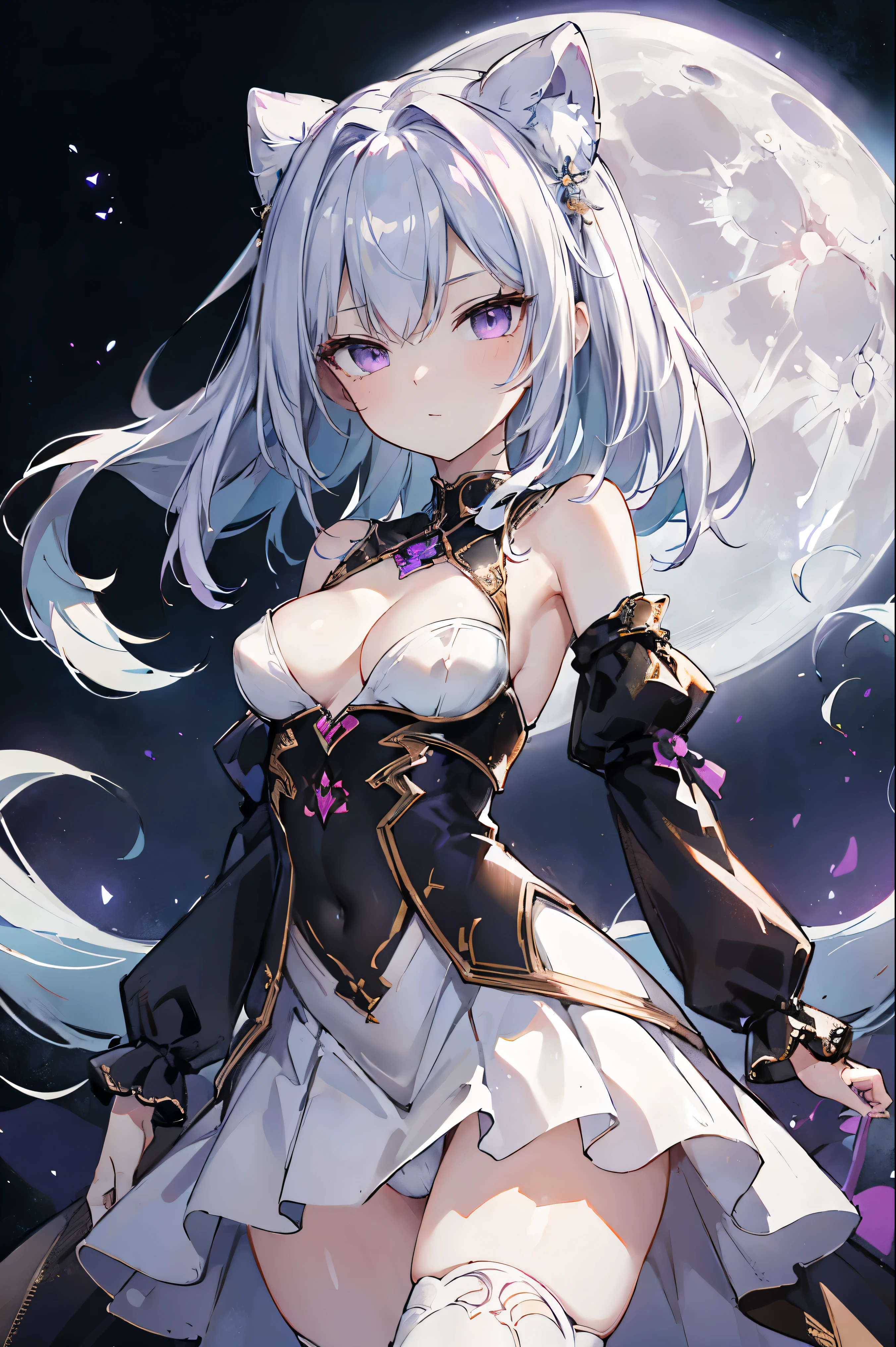 1girl, anime, cute girl, blank background, white background, fantasy, detailed fantasy dress with highlights, beautiful face, beautiful eyes, dark colors, black hair with multicolor streaks, red eye with different color pupil in eye, multicolor eye, medium breasts, slight cleavage, beautiful skin, cute, breast curtains, extremely delicate and beautiful, (beautiful detailed face:1.0), (detailed deep eyes), symmetrical breasts, deep eyes, shiny skin, portrait, slender waist, hips wider than shoulders, thighs, expressionless, young girl, luminous eyes, adorable,(Kpop idol),(aegyo sal:1),(Platinum blonde hair:1),((puffy eye)),Black panty,sexy posture,Superskirt, Ultra-high resolution,Black collar,slim figure, Abdominal y tattoo, womb tattoo,Tight-fitting leg ring,y tattoo on half-body,Bare skin, Armored hand,Hidden fingertips,Hand covered,Arm covered,Fist covered,{{beautiful detailed fingers}}, tufts of hair, moderate beautiful breast:1.0,(masterpiece:1.2), best quality, high-res, HDR, perfect face, intricate armor, delicate blue filigree, intricate filigree, red metalic parts, detailed part, dynamic pose, dynamic lights, cute face, neutral expression, shuimobysim, lotus, hanfu, maxi skirt, dress conservatively 1girl, solo, long blue hair, standing, One lady,14years,((White hair) ,((Normal breasts)), (Shiny purple bodysuit with microskirt),((Fantasy, Moon Night))