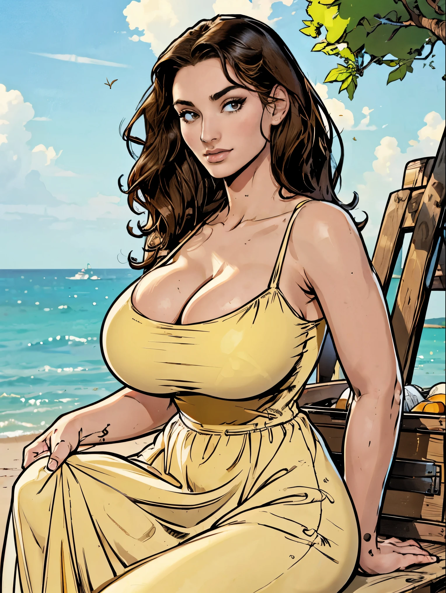 Gorgeous and sultry busty athletic (thin) brunette with sharp facial features and a (large nose) and (huge boobs) wearing a pale yellow sundress, long dress, skindentation, cleavage, park, picnic