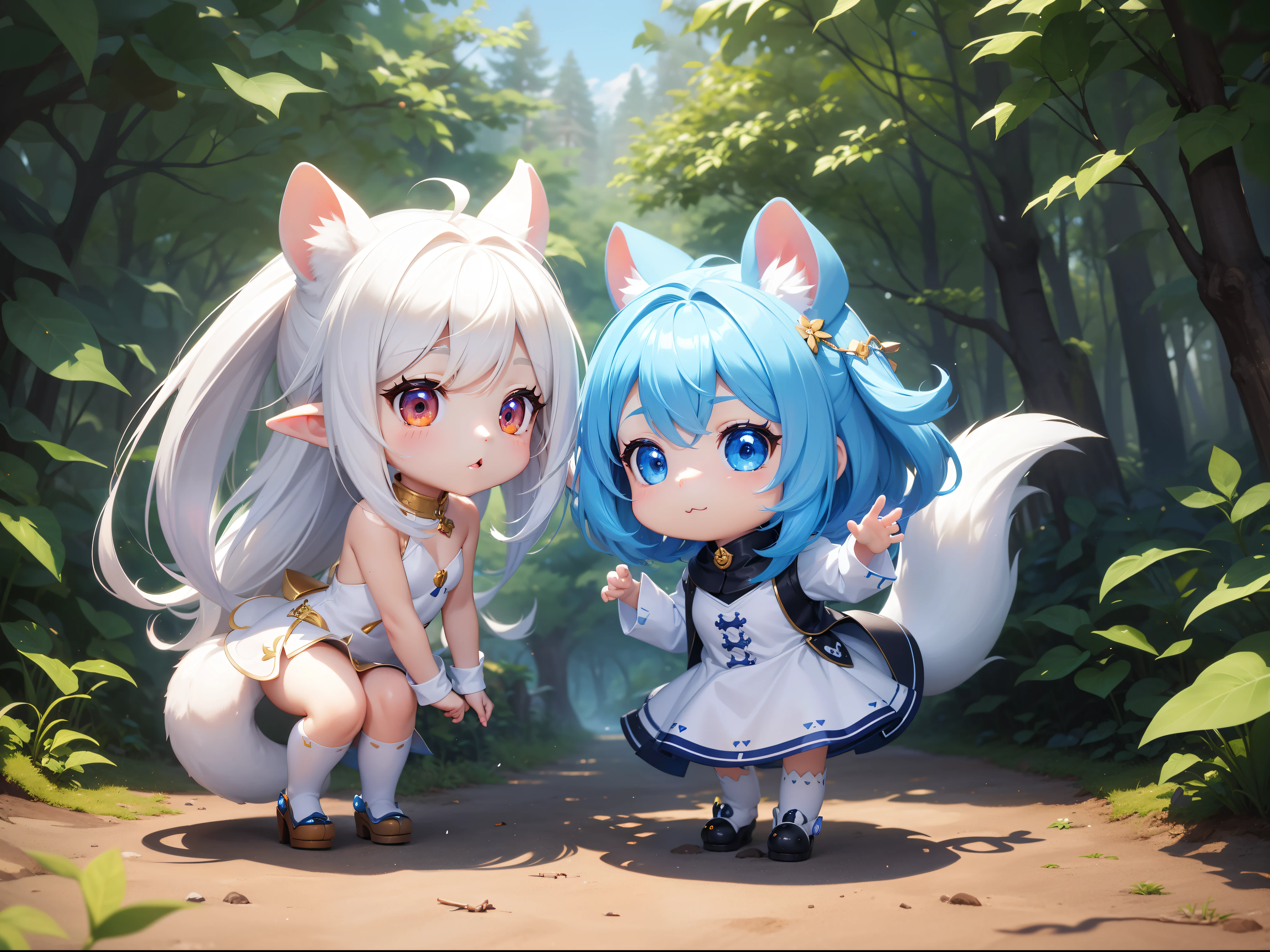 There are little white rabbits with carrots and long ears., Orejas largas blancas、Estoy con una chica de pelo largo azul y un personaje chibi.。Es un lindo disfraz blanco y azul.。ojos oscuros。linda criatura del bosque, Cute mushrooms also grow、adorable pintura digital, lindo arte digital detallado, the ardilla king, lindo arte digital, lindos personajes de dibujos animados, lindo personaje, Criaturas lindas, chica, ilustraciones oficiales, arte oficial, ardilla, maple mouse, astri lohne, lindo render 3d
