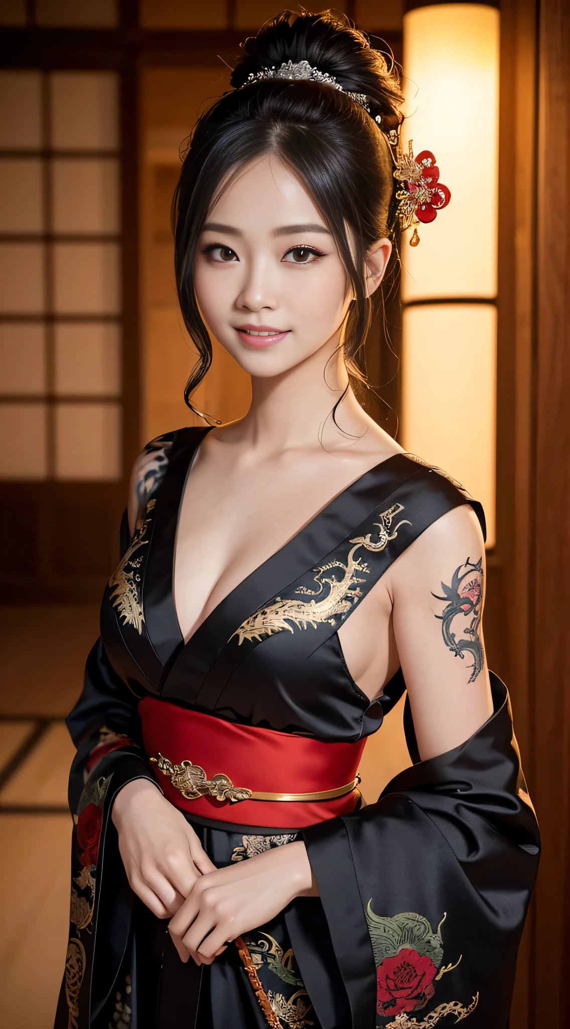 8K Ultra HD, Digital SLR,Film Grain, Fujifilm XT3,(highest quality:1.3), (masterpiece:1.1), High resolution, Cinematic Light, Intricate details, (Realistic) (Night view) Realistic backlight、Dramatic red toned light、Beautiful Japanese Geisha full body photo, ((Facial texture Pore details)), Grin、Devilish smile, Simple messy hairstyle, She is wearing a black satin kimono decorated with a traditional dragon motif., Open shoulders, Colorful dragon tattoos all over the body, Has a long sword blade, Inside a traditional villa, 8k, Foreground Bokeh