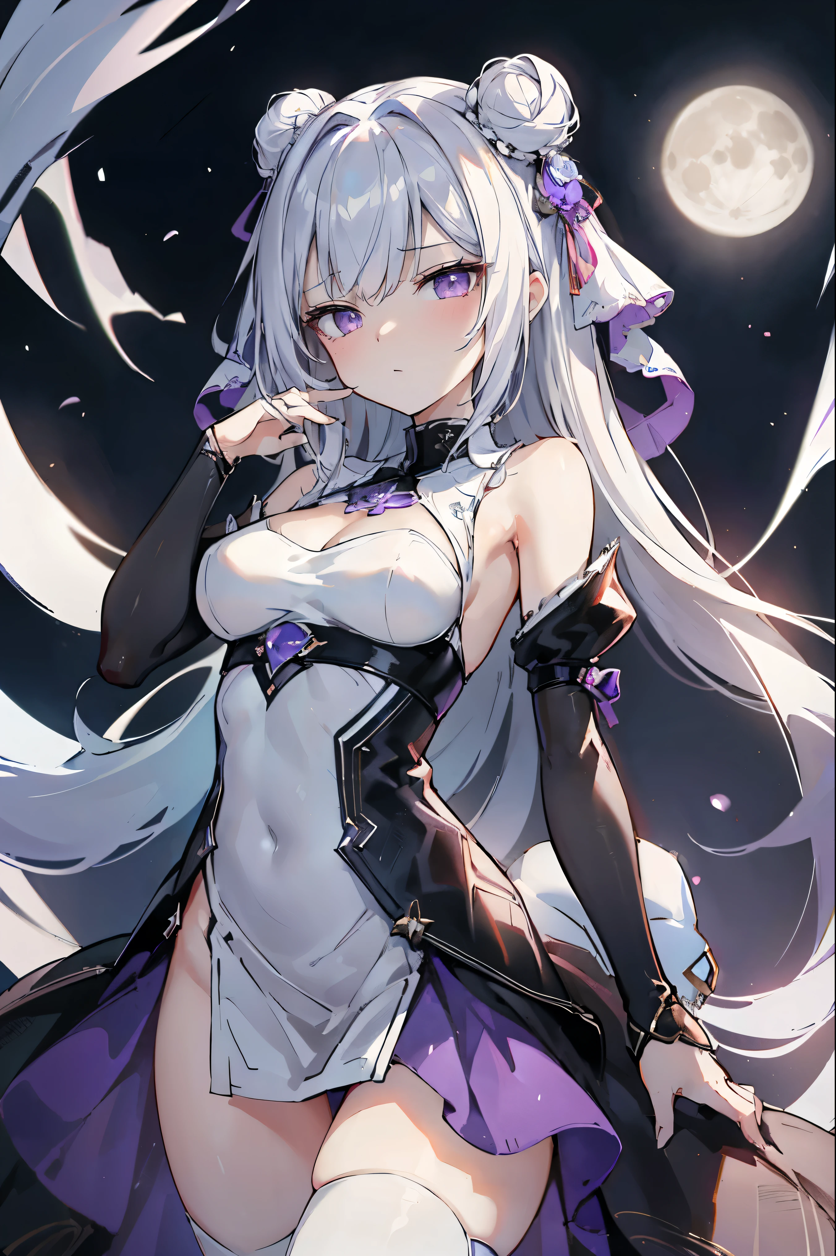 1girl, anime, cute girl, blank background, white background, fantasy, detailed fantasy dress with highlights, beautiful face, beautiful eyes, dark colors, black hair with multicolor streaks, red eye with different color pupil in eye, multicolor eye, medium breasts, slight cleavage, beautiful skin, cute, breast curtains, extremely delicate and beautiful, (beautiful detailed face:1.0), (detailed deep eyes), symmetrical breasts, deep eyes, shiny skin, portrait, slender waist, hips wider than shoulders, thighs, expressionless, young girl, luminous eyes, adorable,(Kpop idol),(aegyo sal:1),(Platinum blonde hair:1),((puffy eye)),Black panty,sexy posture,Superskirt, Ultra-high resolution,Black collar,slim figure, Abdominal y tattoo, womb tattoo,Tight-fitting leg ring,y tattoo on half-body,Bare skin, Armored hand,Hidden fingertips,Hand covered,Arm covered,Fist covered,{{beautiful detailed fingers}}, tufts of hair, moderate beautiful breast:1.0,(masterpiece:1.2), best quality, high-res, HDR, perfect face, intricate armor, delicate blue filigree, intricate filigree, red metalic parts, detailed part, dynamic pose, dynamic lights, cute face, neutral expression, shuimobysim, lotus, hanfu, maxi skirt, dress conservatively 1girl, solo, long blue hair, standing, One lady,14years,((White hair) ,((Normal breasts)), (Shiny purple bodysuit with microskirt),((Fantasy, Moon Night))