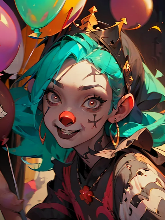 A clown with blue hair and red clown makeup、Surrounded by red balloons, Cute Core Crown Core, 不気味なClown Girl, Scary Clown, Clown Girl, Detailed painting 4k, PortraitDeathClown, Artstation Contest Winner, Goth Clown Girl, deviantart artstation cgscosiety, cgsociety contest winner!!, cgsociety contest winner!!!, y 2 k Cute Core Crown Core
