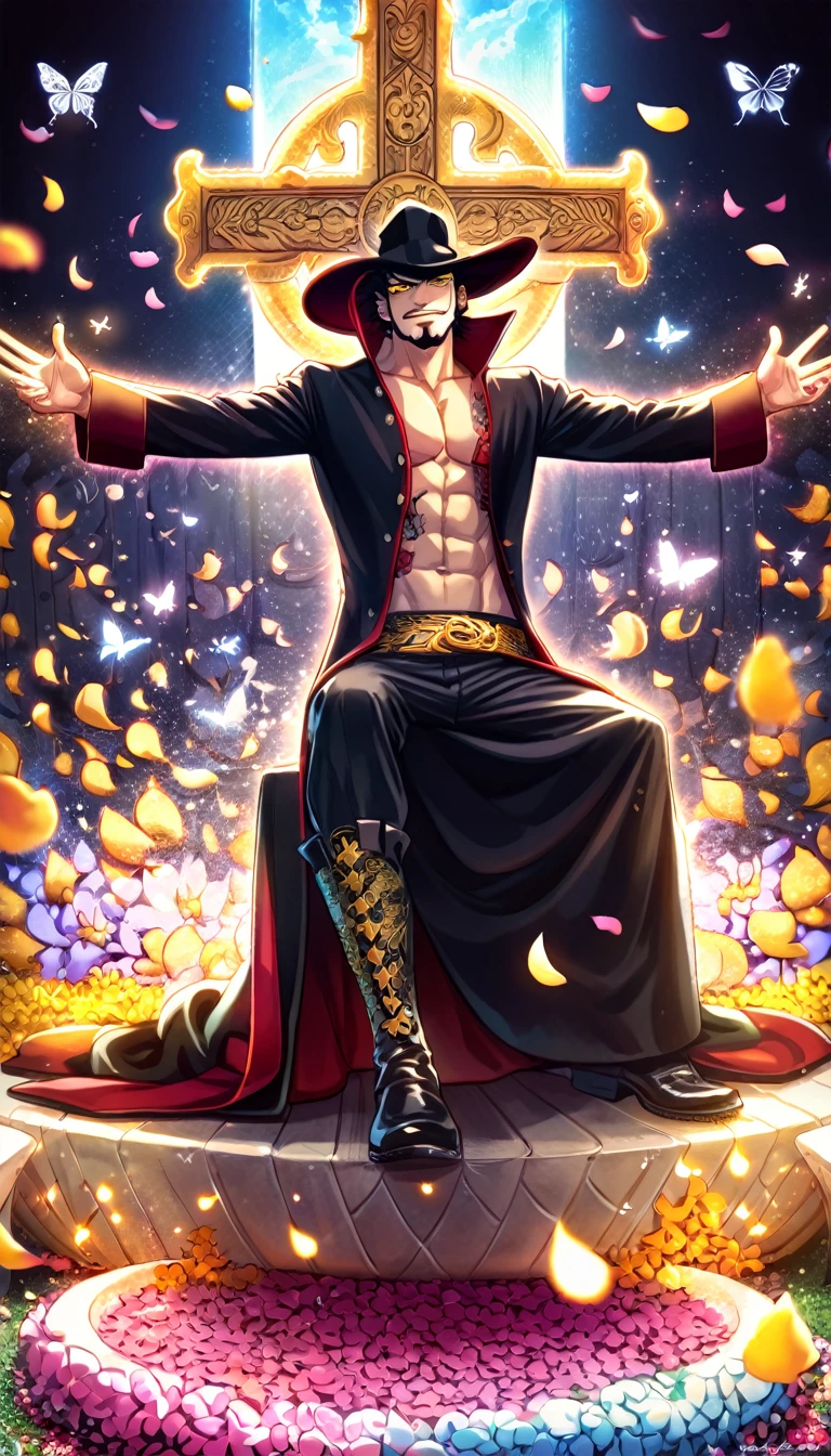absurdres, highres, ultra detailed, HDR, master piece, best quality, Dracule Mihawk, black hair, expressive yellow eyes, One Piece, solo, sexy man, handsome, toned chest, black coat, black hat, sitting, cross, butterflies, petals, magical