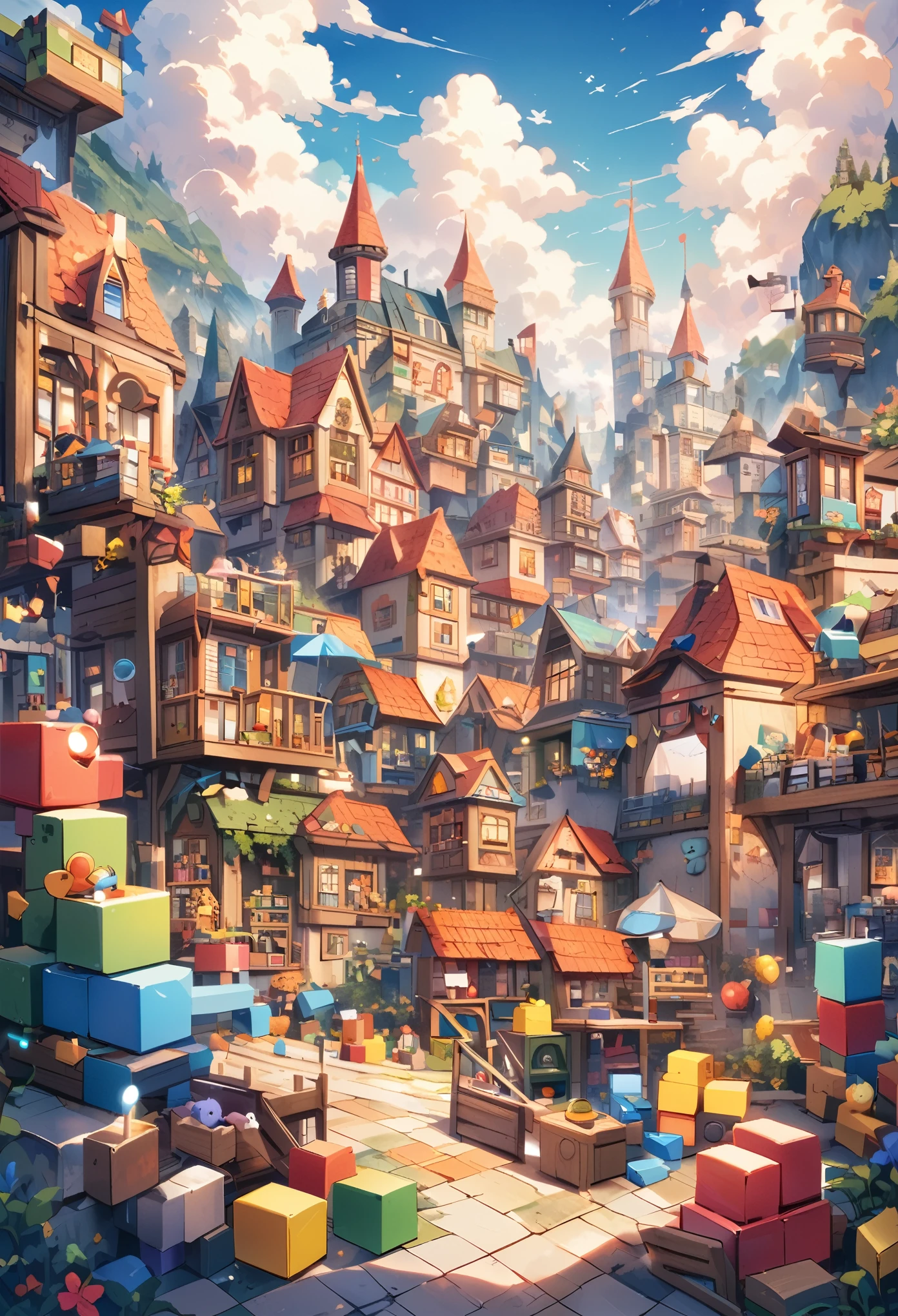 A landscape with many large building blocks and toys and stuffed animals