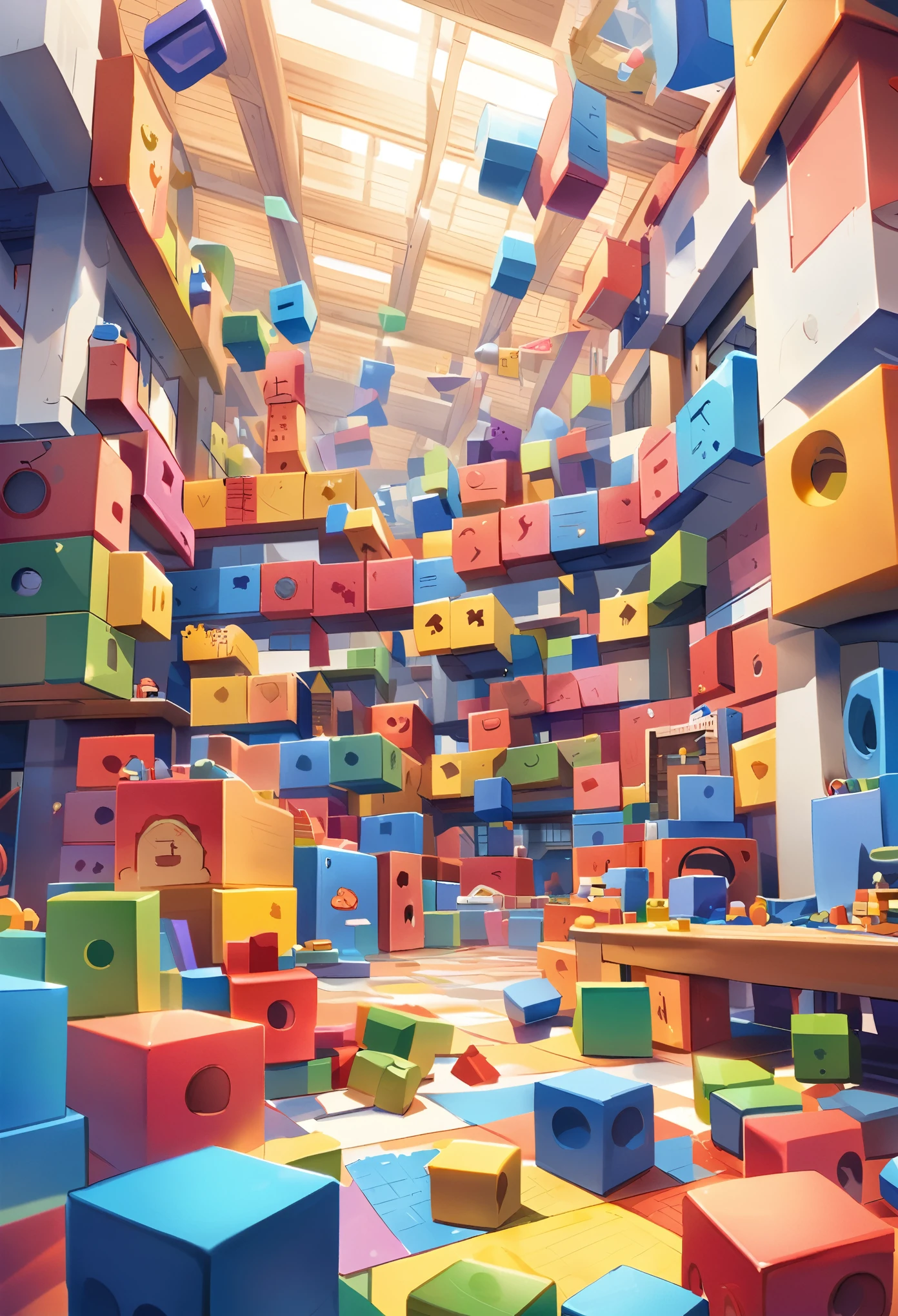 A landscape with many large building blocks and toys and stuffed animals