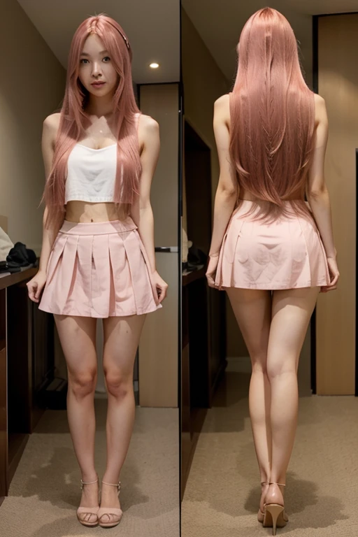 full body, tall japanese pink-haired girl with long straight hair, large bust and round bottom, wearing miniskirt acting flirty