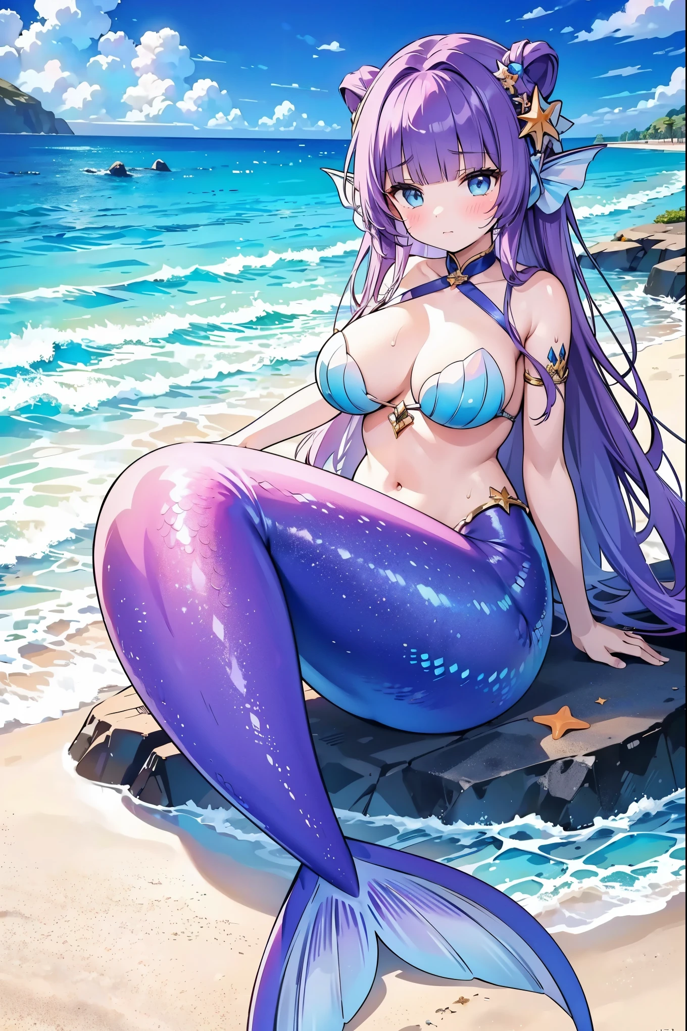 masterpiece, best quality,A girl,Large Breasts,Hair accessories,Mermaid,蓝色的Mermaid尾巴,tashkent,purple hair,blue eyes,long hair,bangs,full-body shot,Sitting,beach,Sea view